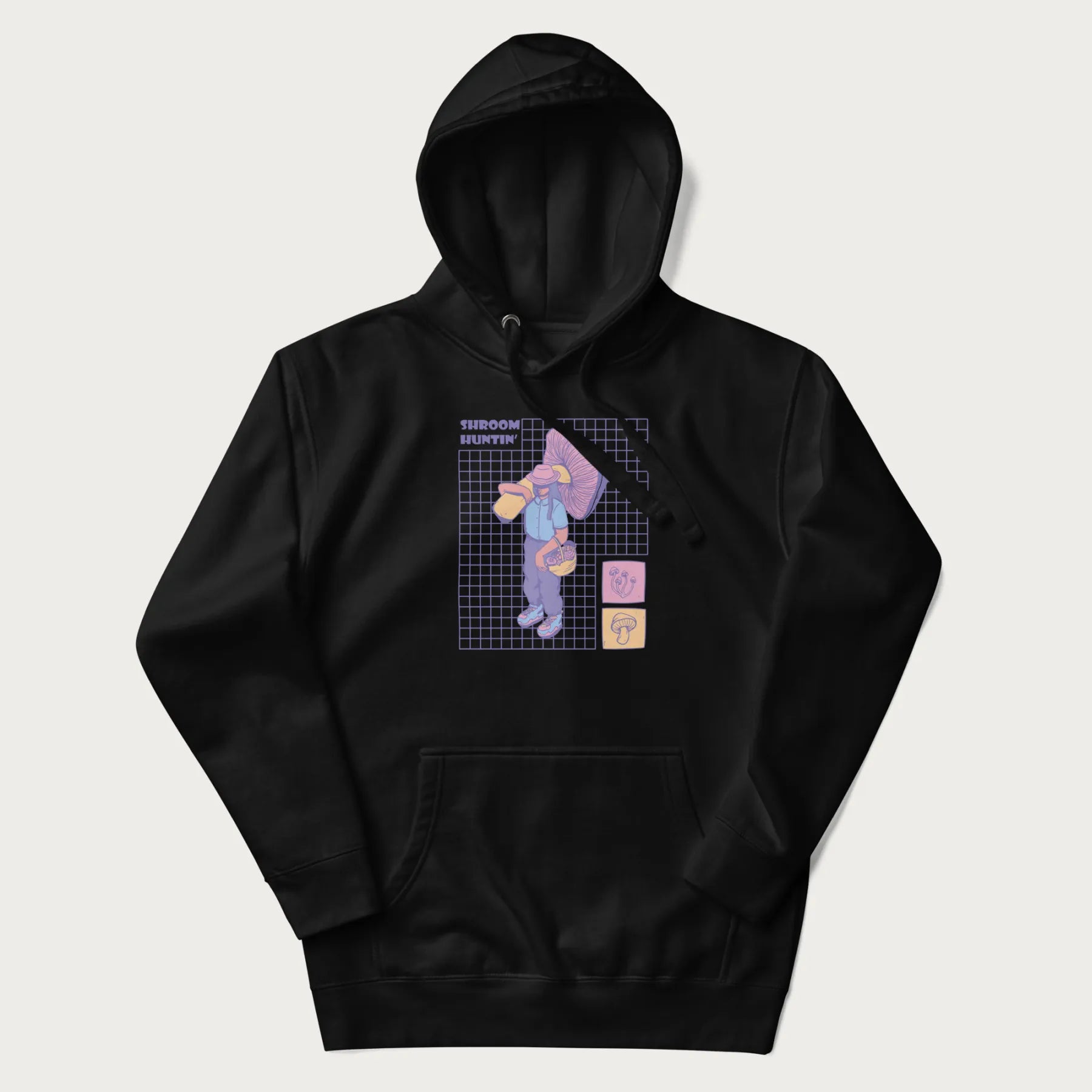 Black hoodie featuring a graphic of a girl carrying a large mushroom and a basket of fungi, with the text "Shroom Huntin'".