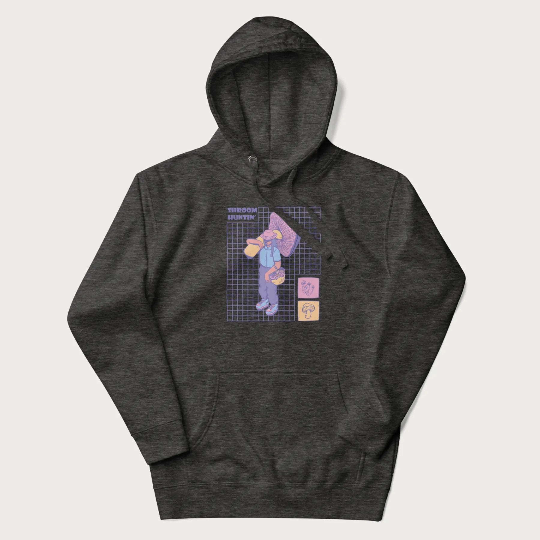 Dark grey hoodie featuring a graphic of a girl carrying a large mushroom and a basket of fungi, with the text "Shroom Huntin'".