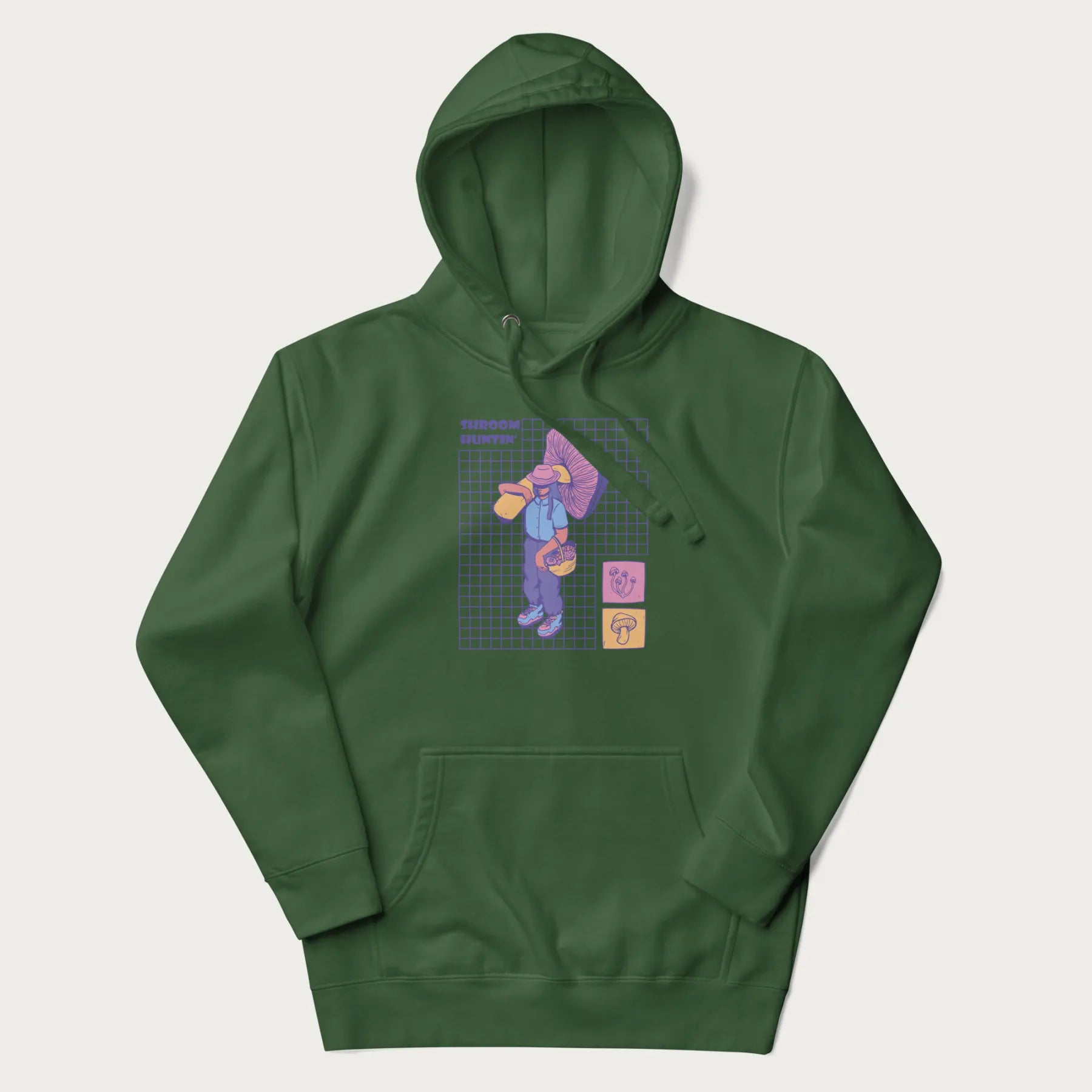 Forest green hoodie featuring a graphic of a girl carrying a large mushroom and a basket of fungi, with the text "Shroom Huntin'".