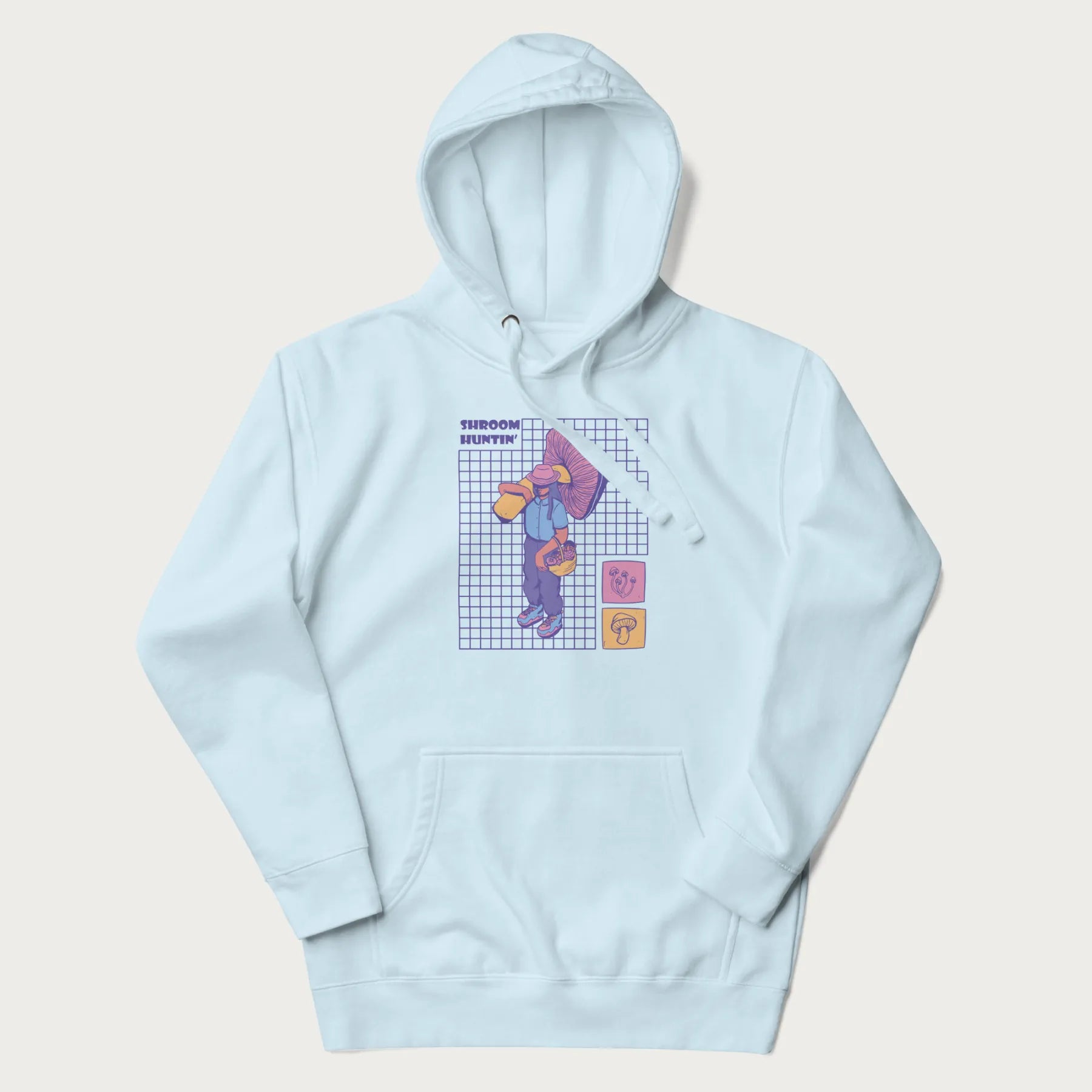 Light blue hoodie featuring a graphic of a girl carrying a large mushroom and a basket of fungi, with the text "Shroom Huntin'".