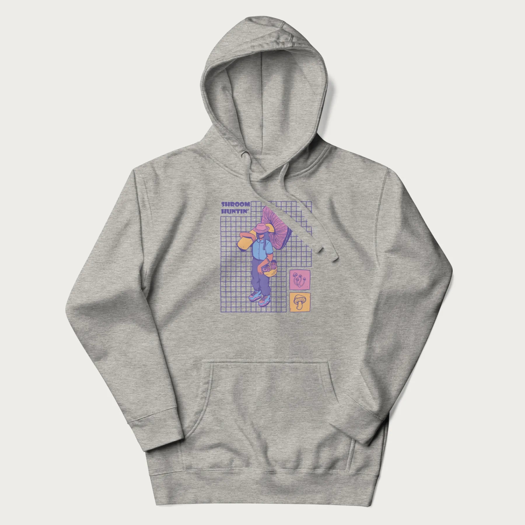 Light grey hoodie featuring a graphic of a girl carrying a large mushroom and a basket of fungi, with the text "Shroom Huntin'".
