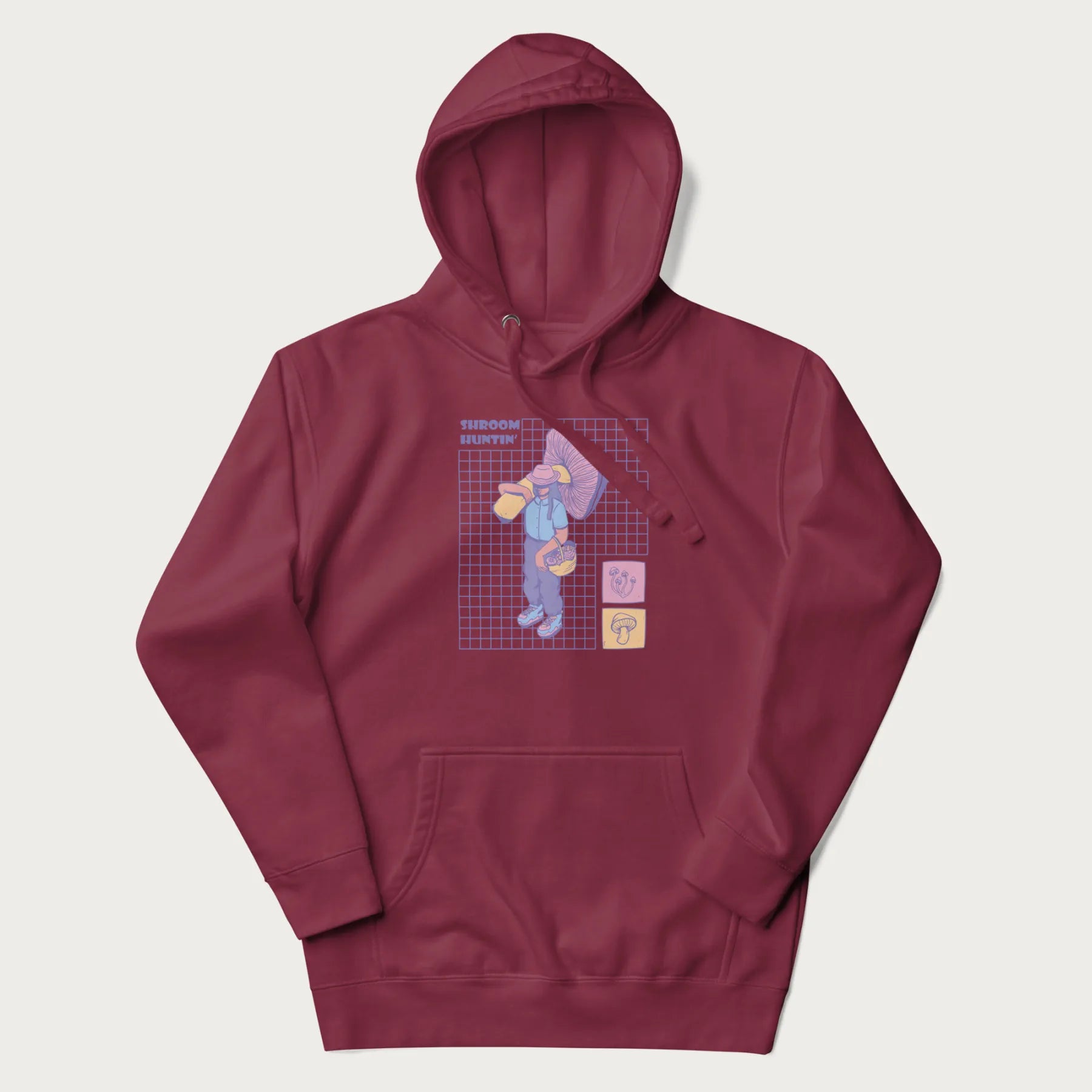 Maroon hoodie featuring a graphic of a girl carrying a large mushroom and a basket of fungi, with the text "Shroom Huntin'".