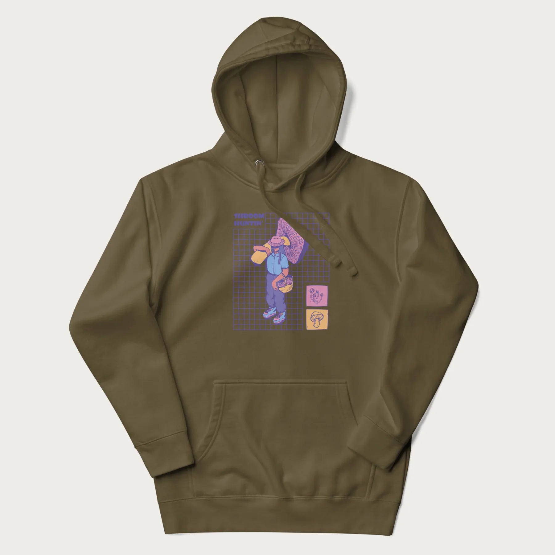 Military green hoodie featuring a graphic of a girl carrying a large mushroom and a basket of fungi, with the text "Shroom Huntin'".