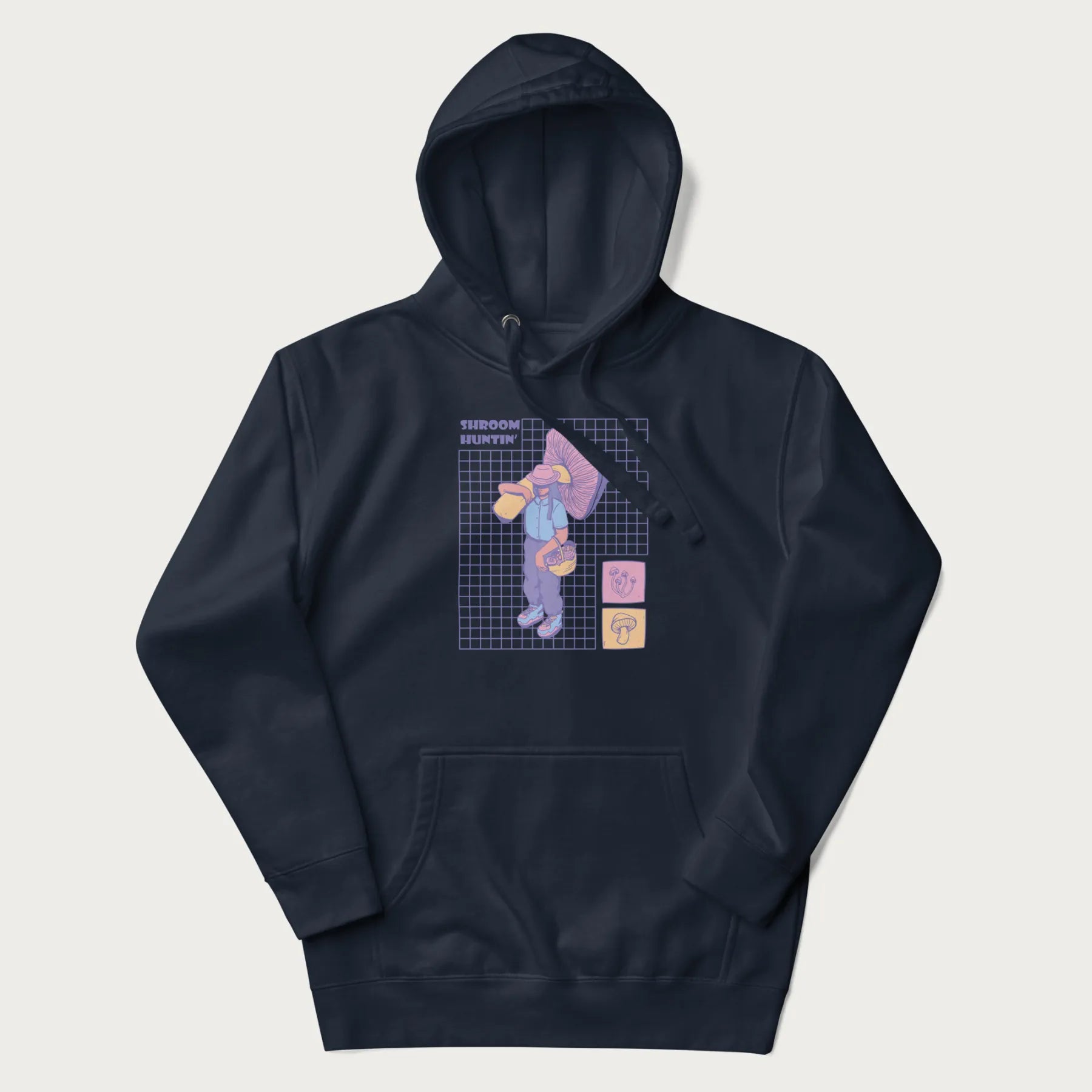 Navy blue hoodie featuring a graphic of a girl carrying a large mushroom and a basket of fungi, with the text "Shroom Huntin'".