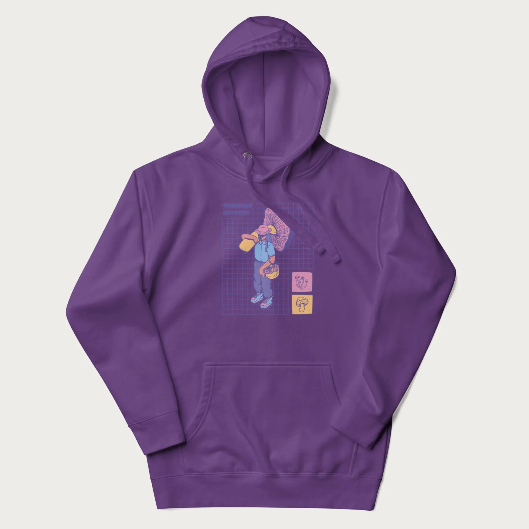 Purple hoodie featuring a graphic of a girl carrying a large mushroom and a basket of fungi, with the text "Shroom Huntin'".