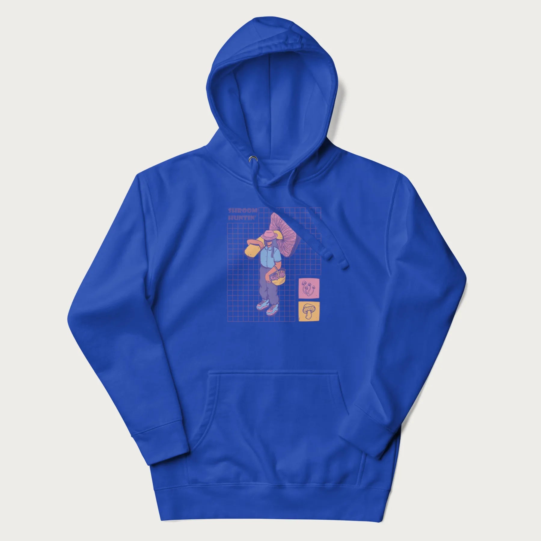 Royal blue hoodie featuring a graphic of a girl carrying a large mushroom and a basket of fungi, with the text "Shroom Huntin'".