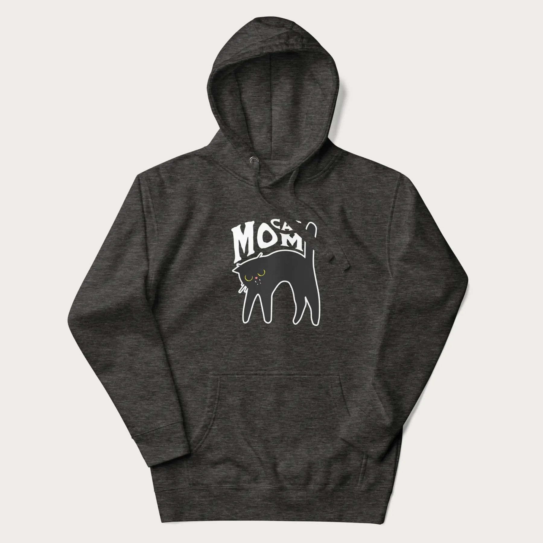 Dark grey hoodie with 'Cat Mom' in white lettering above a minimalistic graphic of a black cat with yellow eyes.