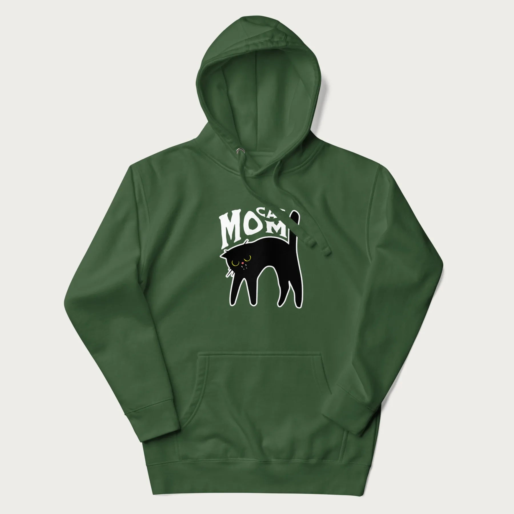 Forest green hoodie with 'Cat Mom' in white lettering above a minimalistic graphic of a black cat with yellow eyes.
