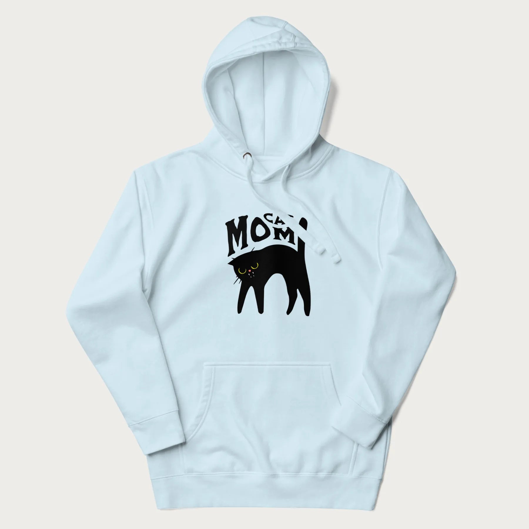 Light blue hoodie with 'Cat Mom' in black lettering above a minimalistic graphic of a black cat with yellow eyes.