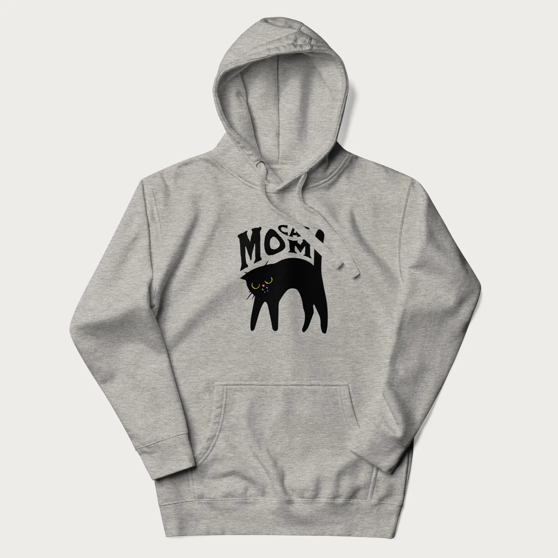 Light grey hoodie with 'Cat Mom' in black lettering above a minimalistic graphic of a black cat with yellow eyes.