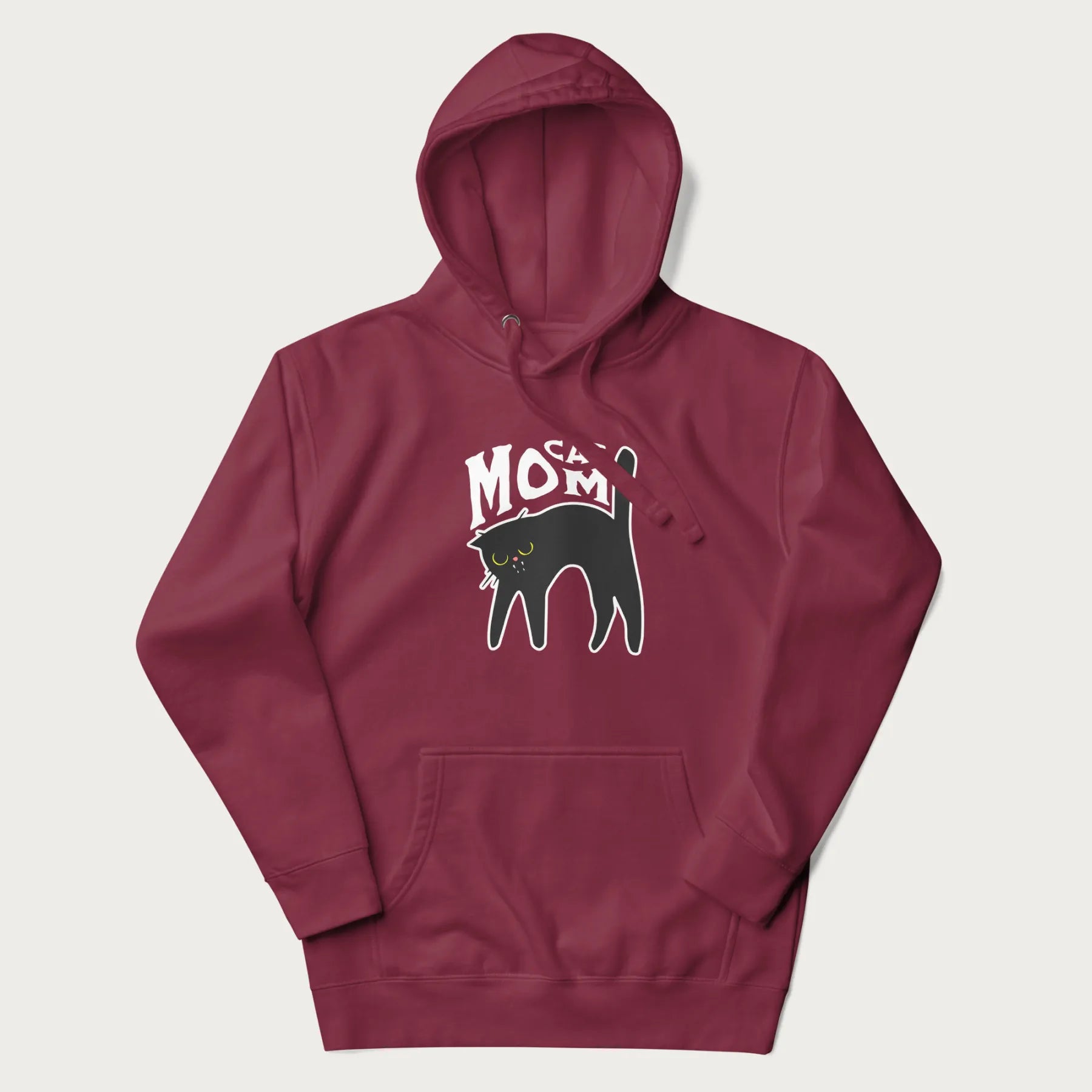 Maroon hoodie with 'Cat Mom' in white lettering above a minimalistic graphic of a black cat with yellow eyes.