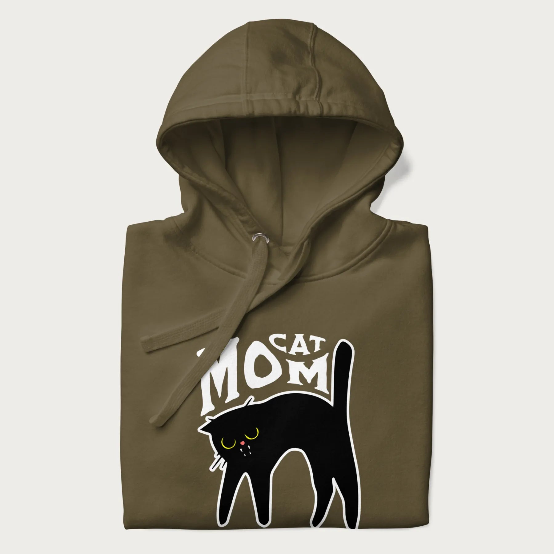 Folded military green hoodie with 'Cat Mom' in white lettering above a minimalistic graphic of a black cat with yellow eyes.