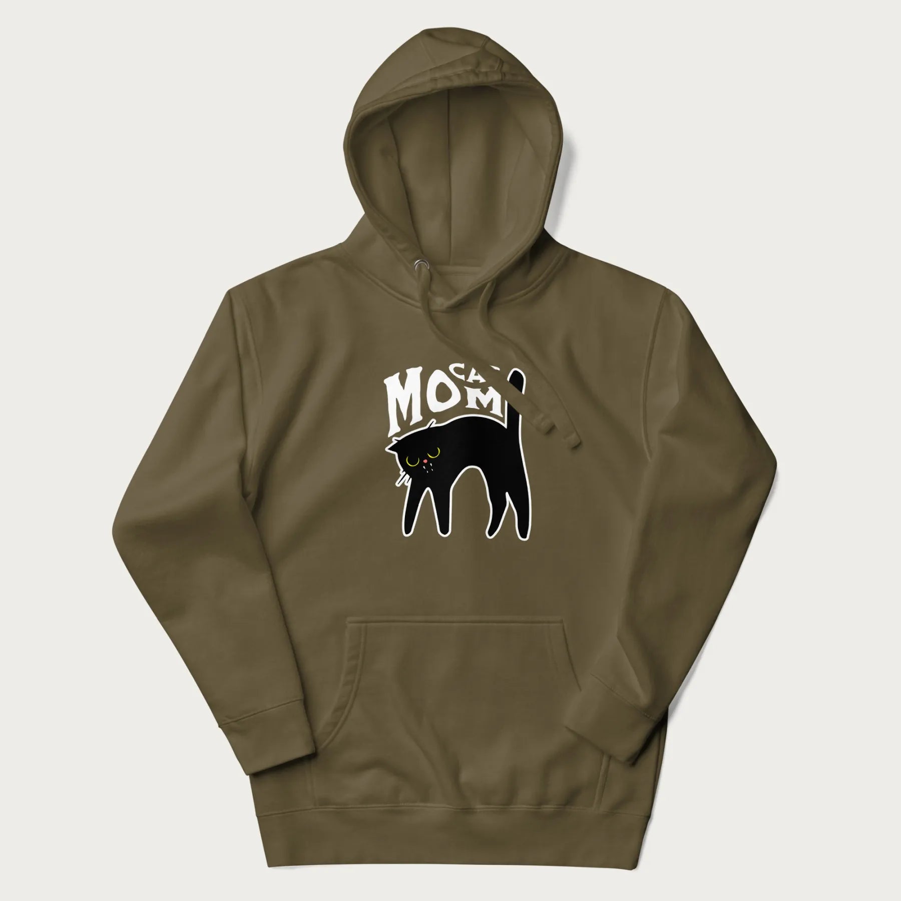 Military green hoodie with 'Cat Mom' in white lettering above a minimalistic graphic of a black cat with yellow eyes.