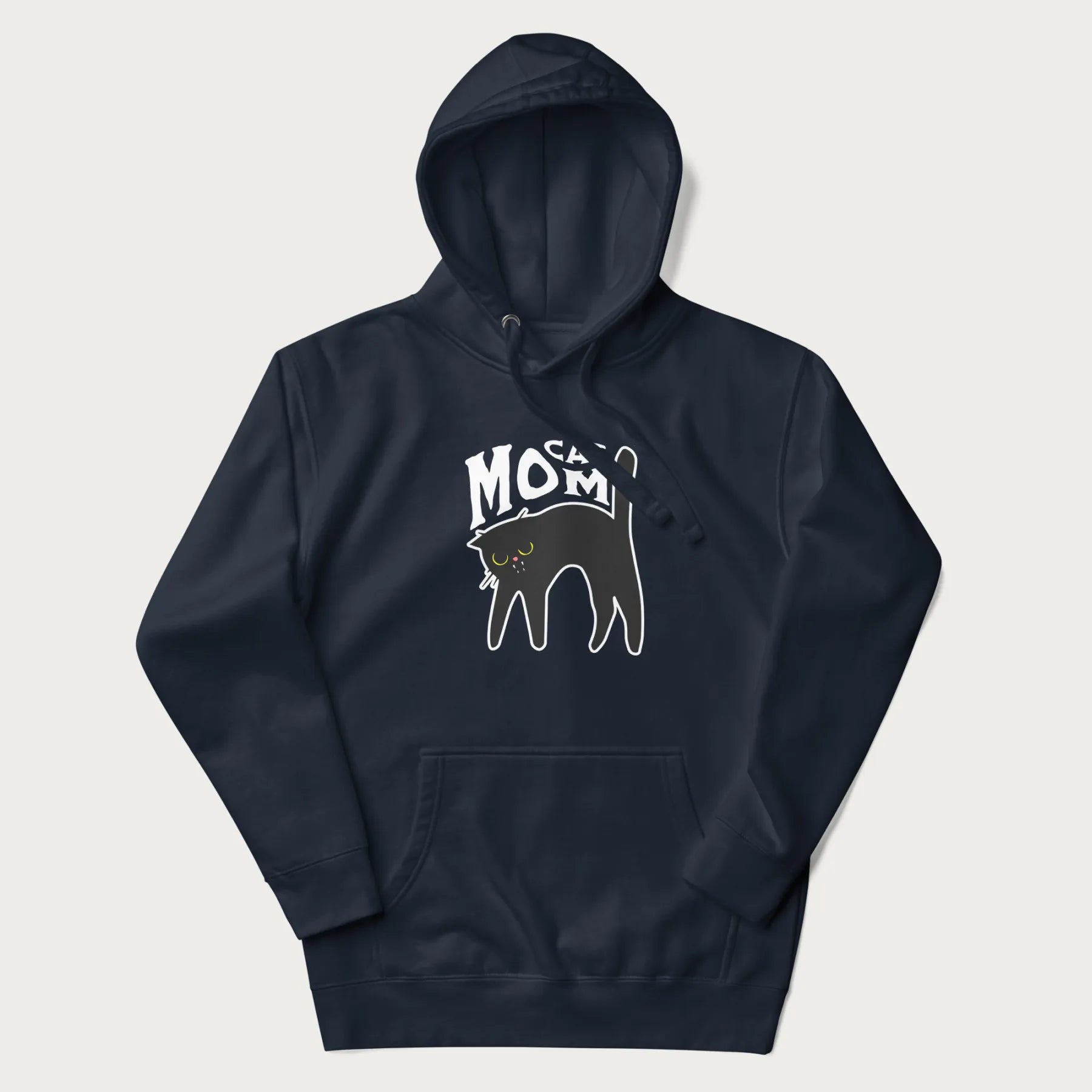 Navy blue hoodie with 'Cat Mom' in white lettering above a minimalistic graphic of a black cat with yellow eyes.