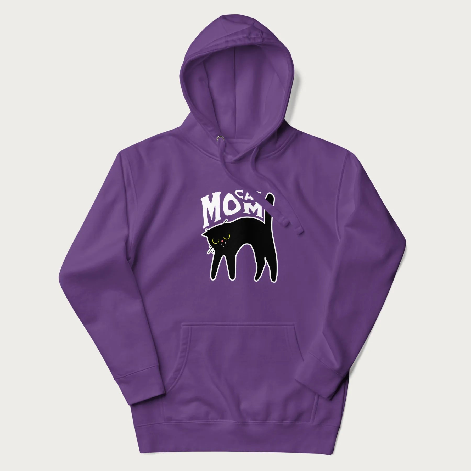 Purple hoodie with 'Cat Mom' in white lettering above a minimalistic graphic of a black cat with yellow eyes.