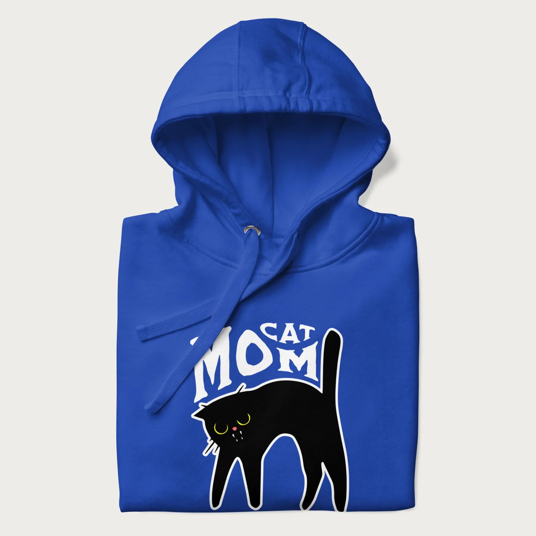 Folded royal blue hoodie with 'Cat Mom' in white lettering above a minimalistic graphic of a black cat with yellow eyes.