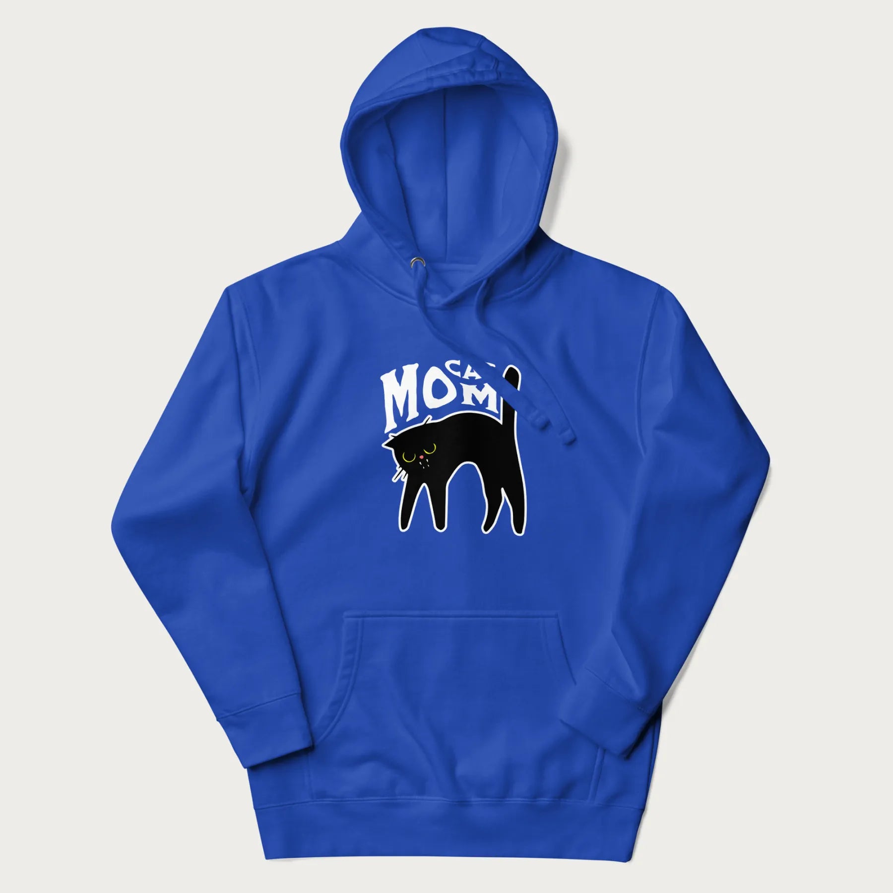 Royal blue hoodie with 'Cat Mom' in white lettering above a minimalistic graphic of a black cat with yellow eyes.
