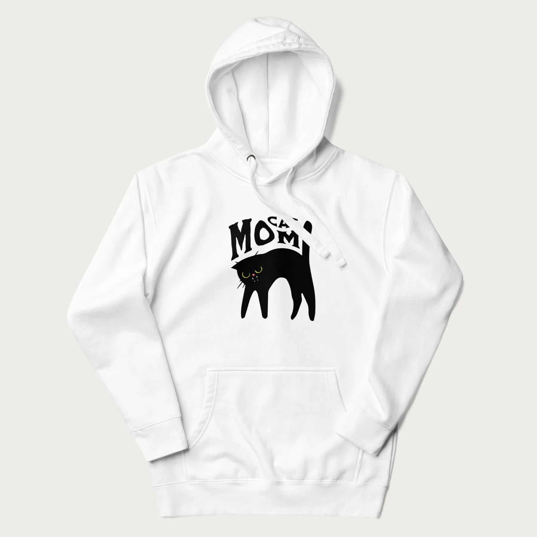 White hoodie with 'Cat Mom' in black lettering above a minimalistic graphic of a black cat with yellow eyes.