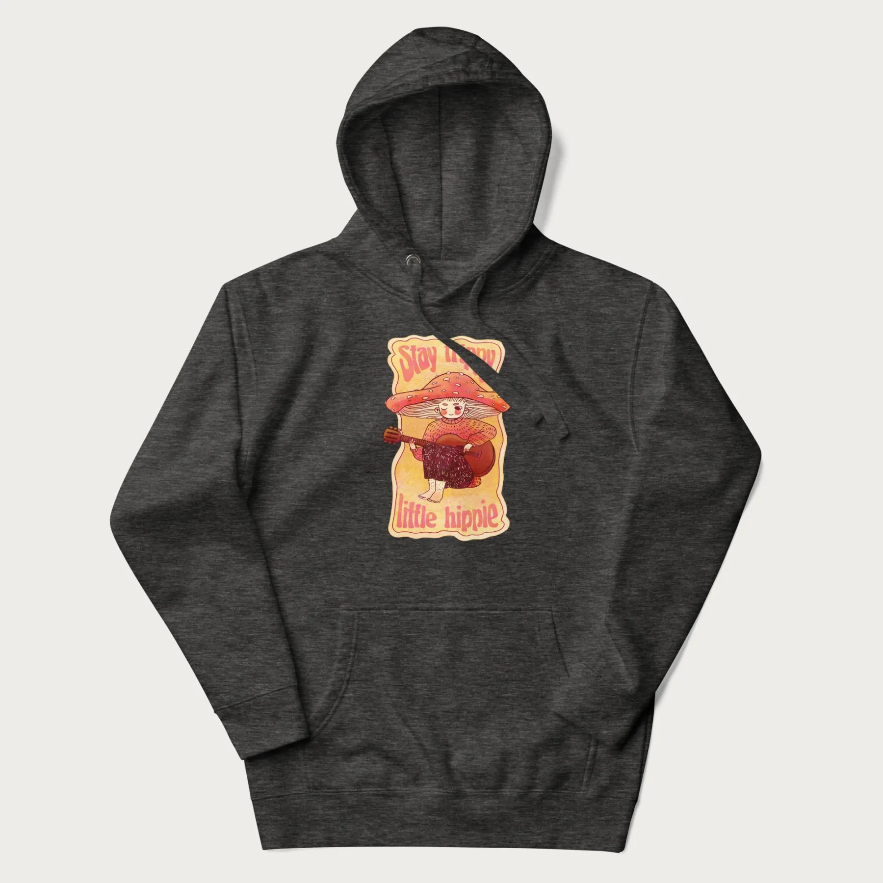 Dark grey hoodie with a graphic of a character with a mushroom cap playing a guitar and the text 'Stay Trippy Little Hippie.'