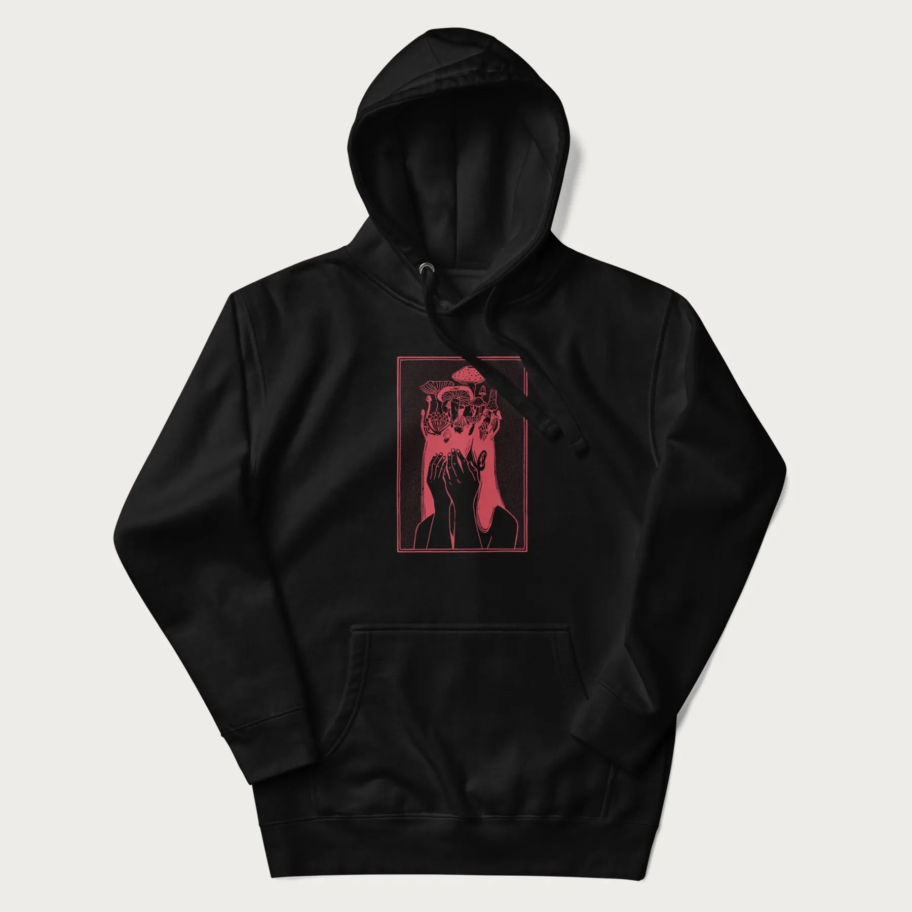 Black hoodie with a surreal red graphic of a girl with mushrooms growing from her head.