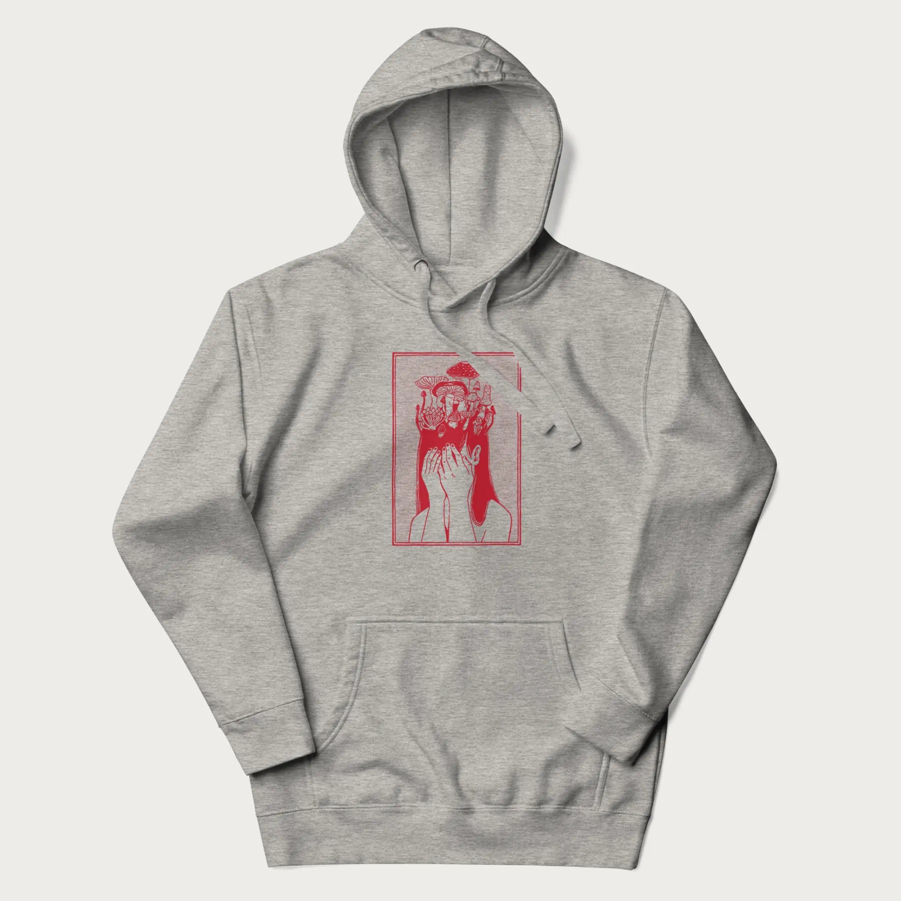 Light grey hoodie with a surreal red graphic of a girl with mushrooms growing from her head.
