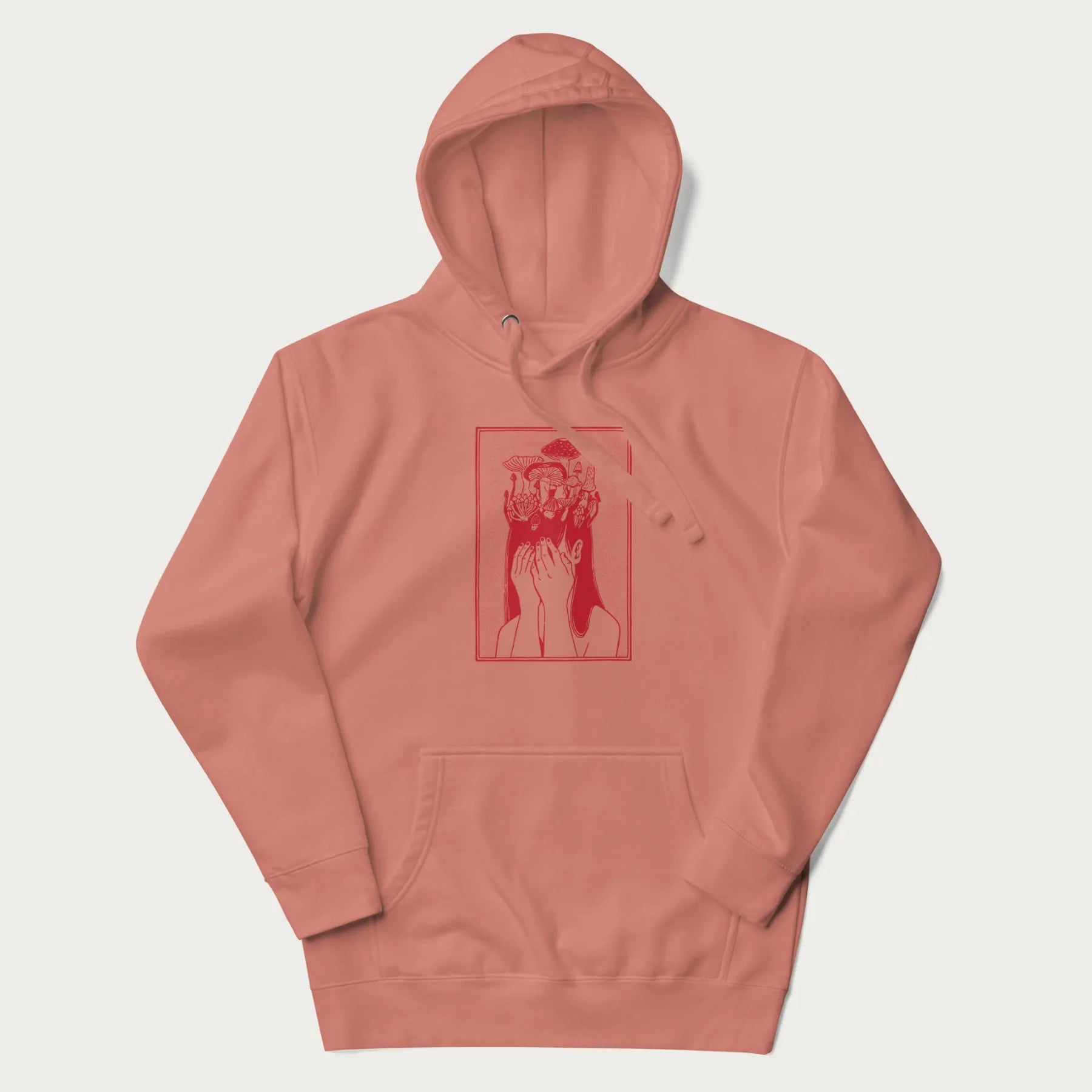Light pink hoodie with a surreal red graphic of a girl with mushrooms growing from her head.