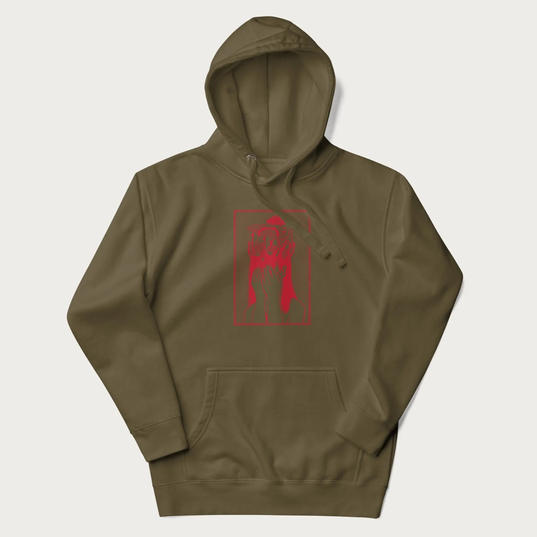 Military green hoodie with a surreal red graphic of a girl with mushrooms growing from her head.