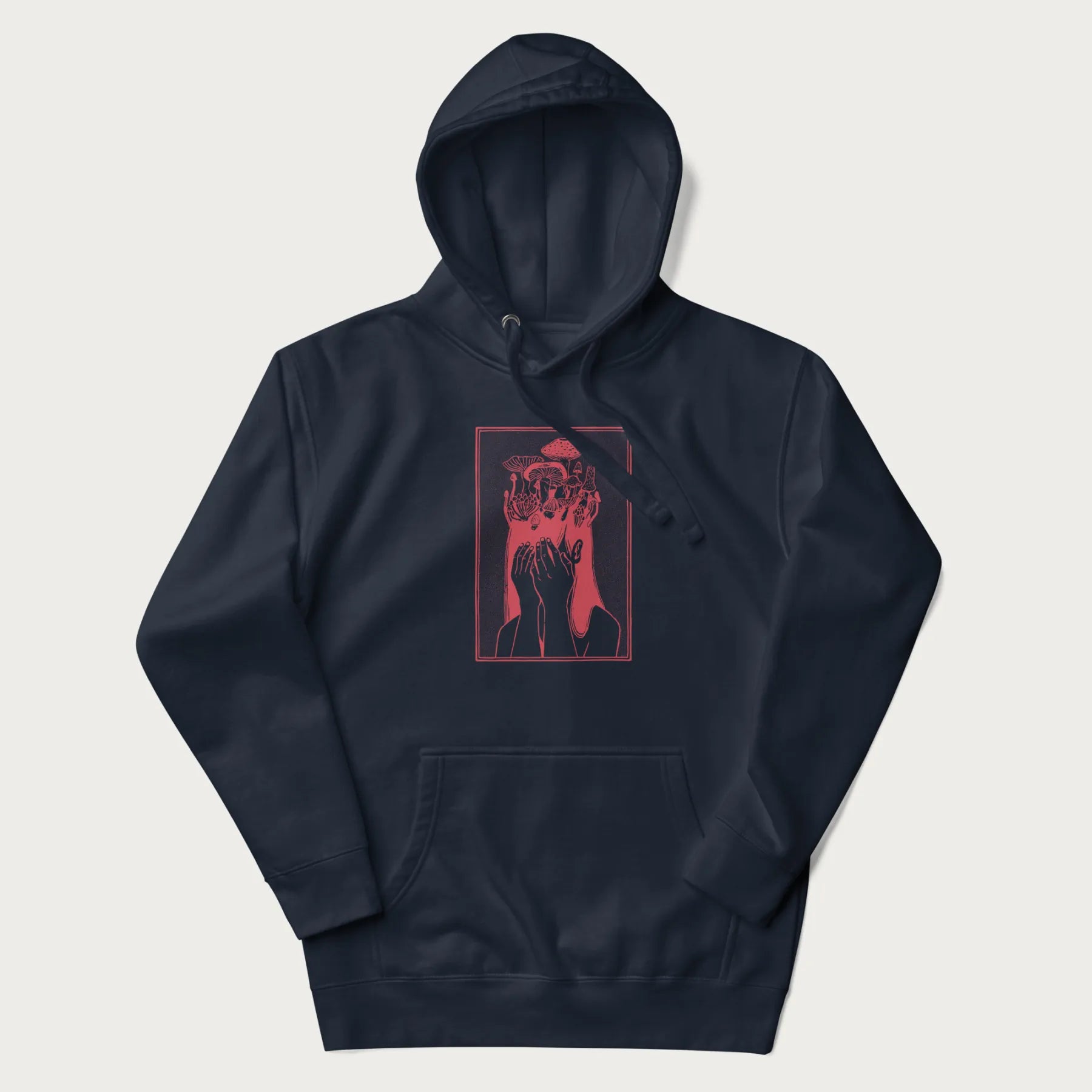 Navy blue hoodie with a surreal red graphic of a girl with mushrooms growing from her head.