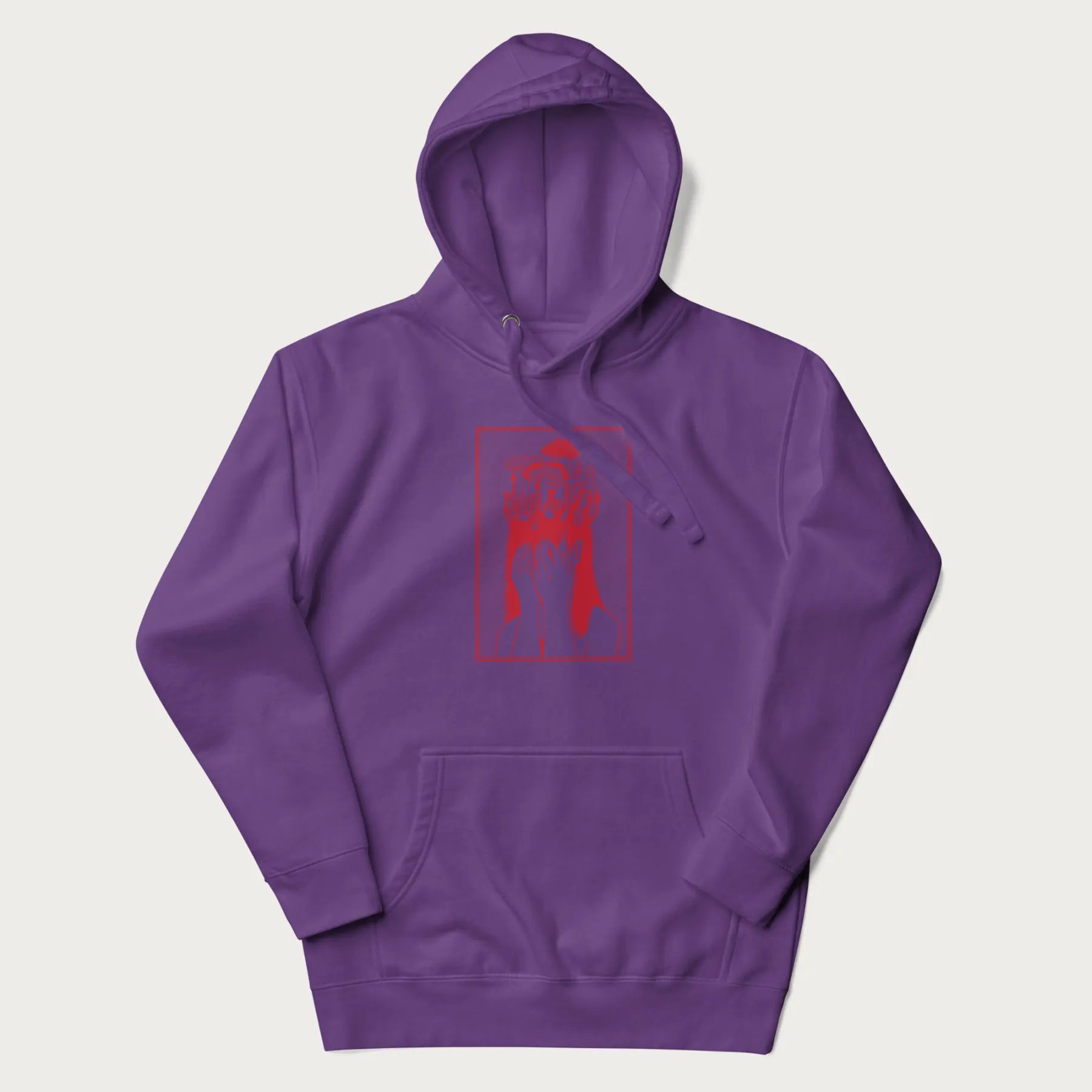 Purple hoodie with a surreal red graphic of a girl with mushrooms growing from her head.