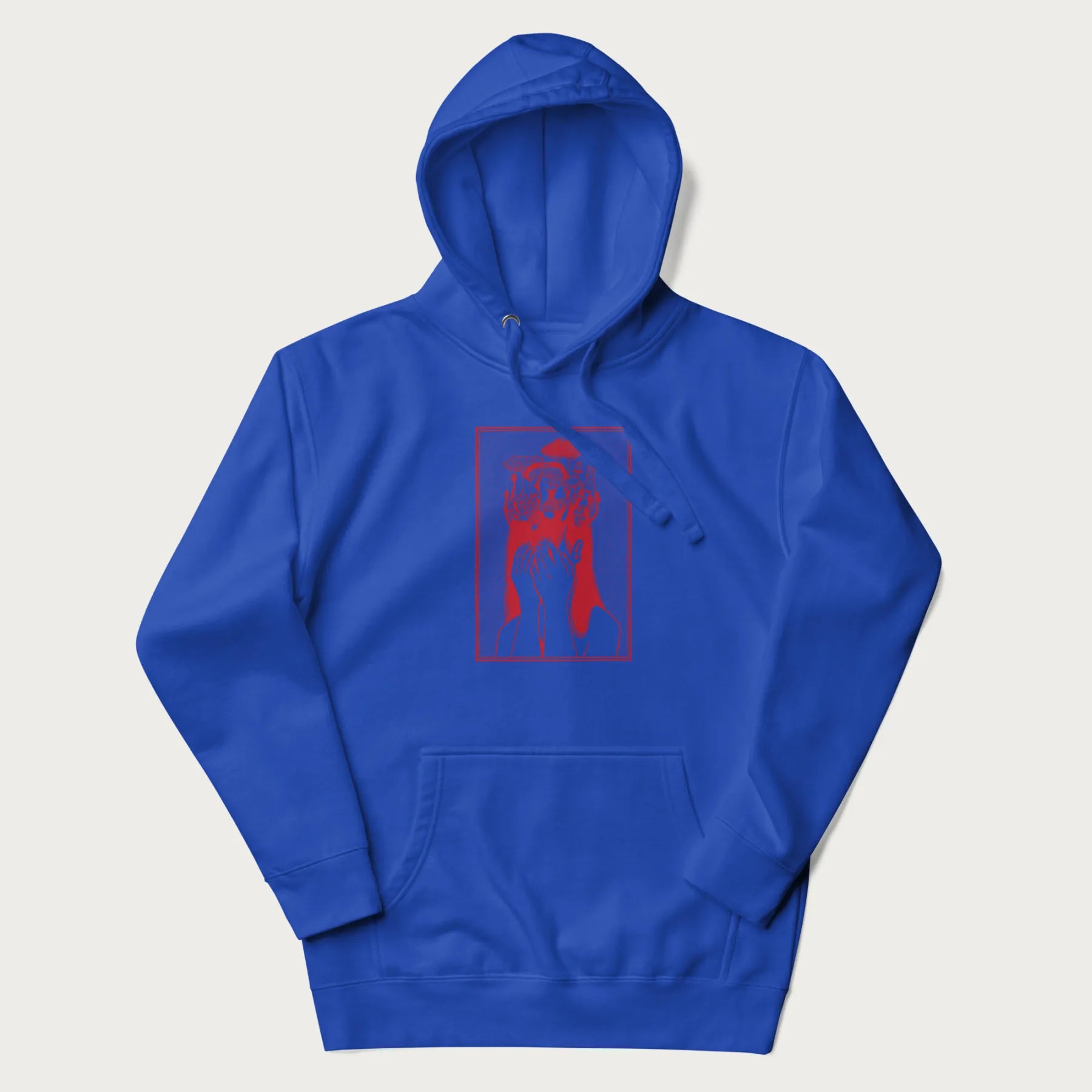 Royal blue hoodie with a surreal red graphic of a girl with mushrooms growing from her head.