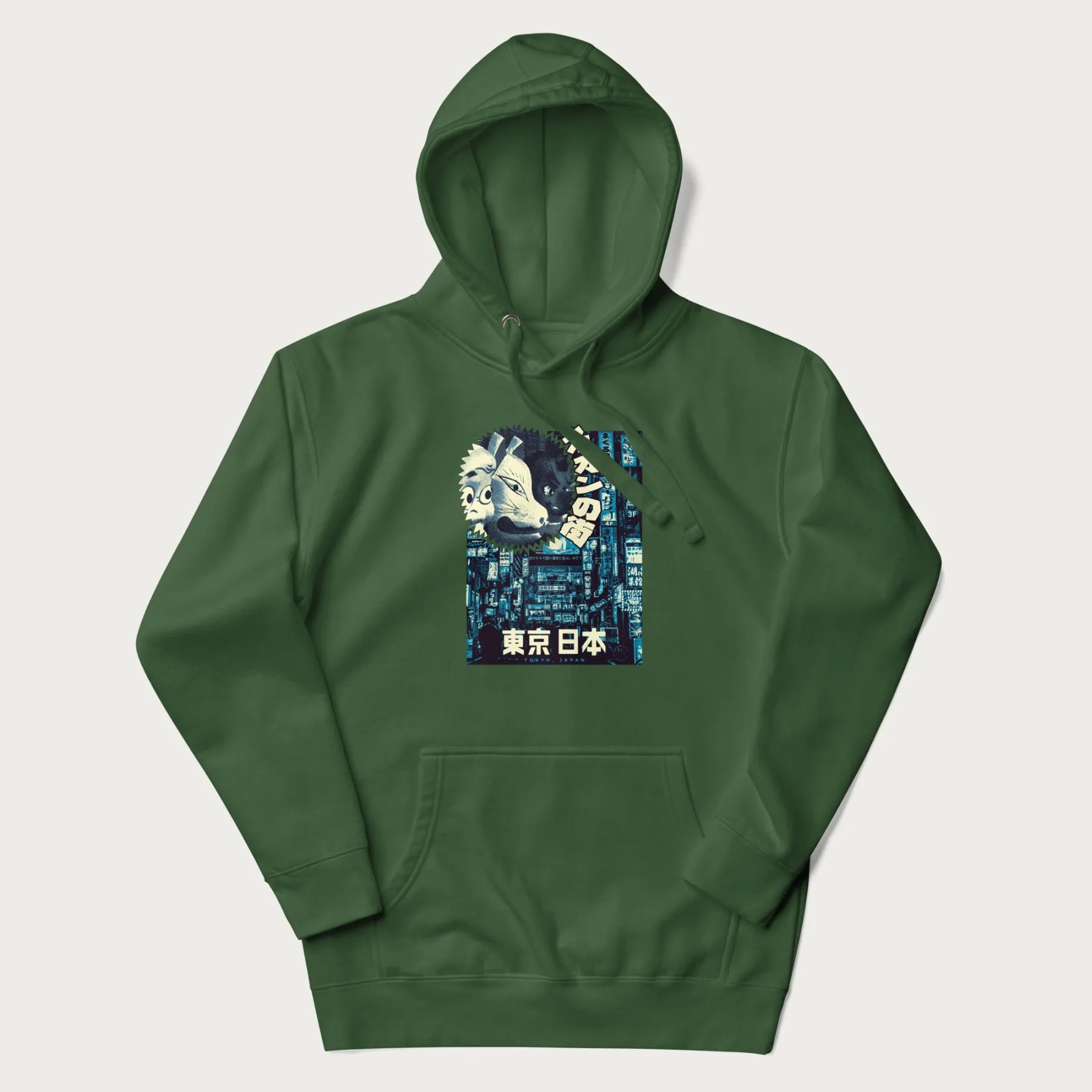 Forest green hoodie with Japanese text '東京日本' translating to 'Tokyo, Japan', with three traditional Japanese masks over a neon-lit Tokyo background.