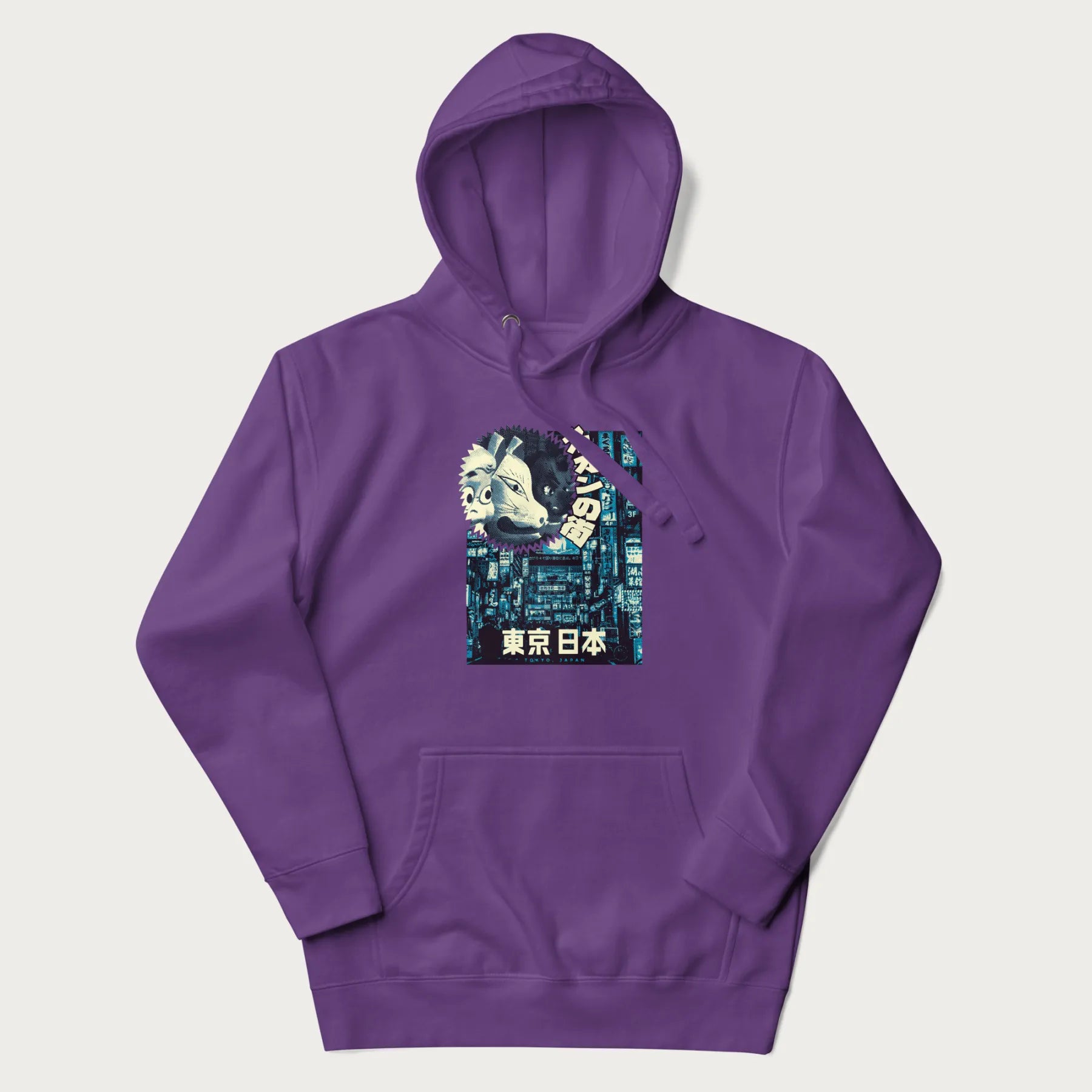 Purple hoodie with Japanese text '東京日本' translating to 'Tokyo, Japan', with three traditional Japanese masks over a neon-lit Tokyo background.