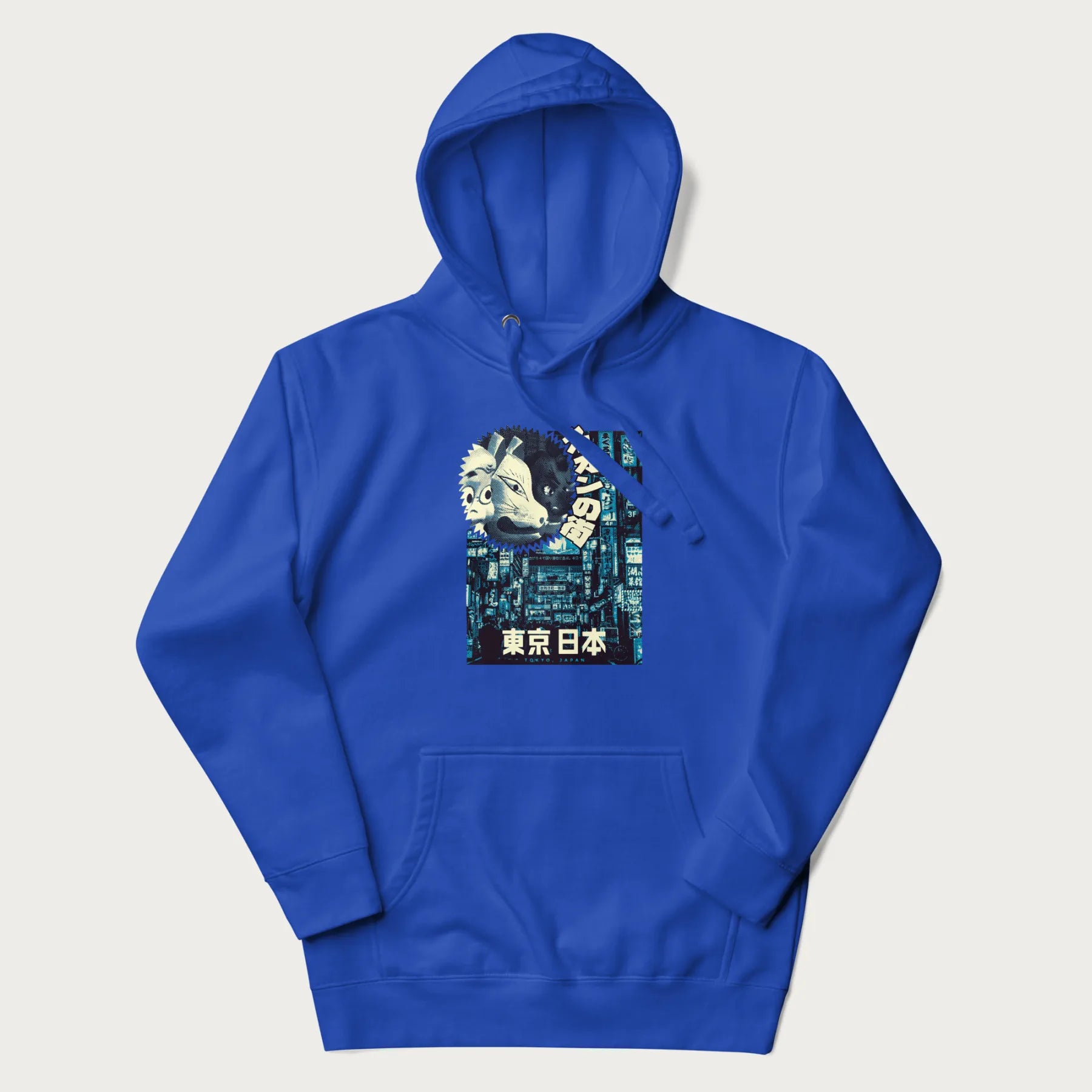 Royal blue hoodie with Japanese text '東京日本' translating to 'Tokyo, Japan', with three traditional Japanese masks over a neon-lit Tokyo background.