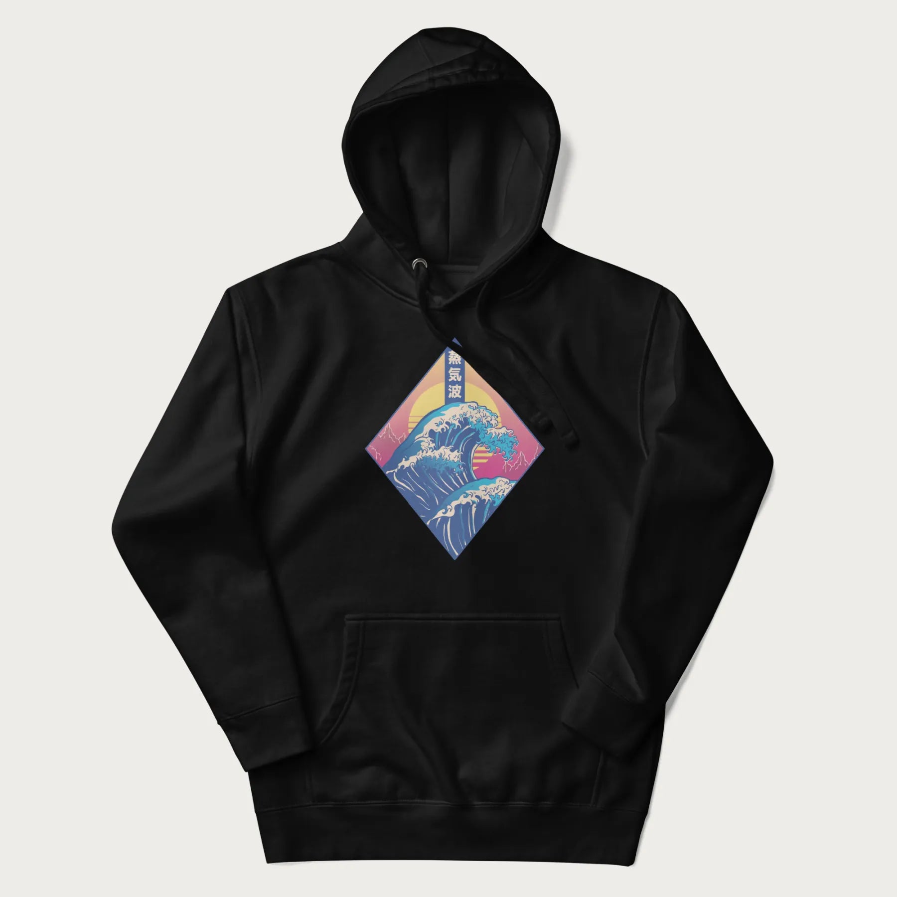 Black hoodie with Japanese 'Great Wave' graphic print in vaporwave style, rendered in bright, psychedelic colors in diamond-shaped layout.