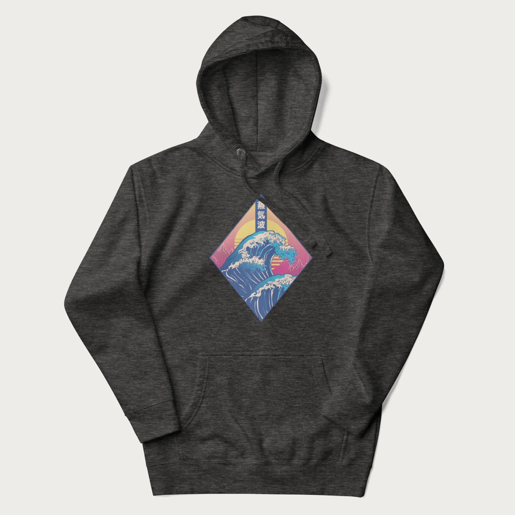 Dark grey hoodie with Japanese 'Great Wave' graphic print in vaporwave style, rendered in bright, psychedelic colors in diamond-shaped layout.