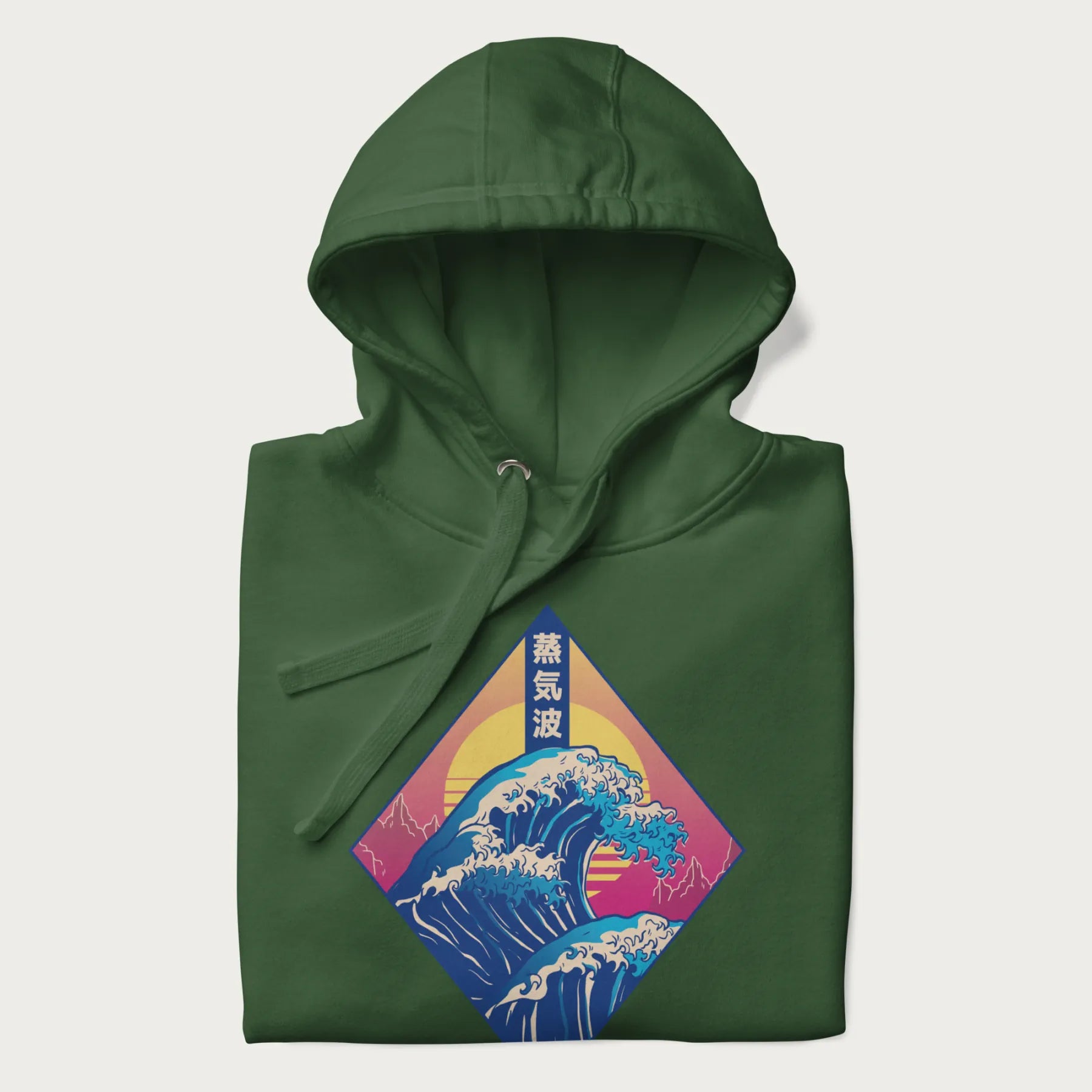 Folded forest green hoodie with Japanese 'Great Wave' graphic print in vaporwave style, rendered in bright, psychedelic colors in diamond-shaped layout.