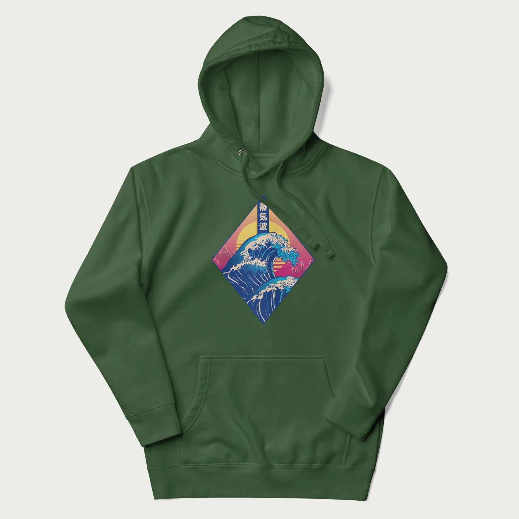 Forest green hoodie with Japanese 'Great Wave' graphic print in vaporwave style, rendered in bright, psychedelic colors in diamond-shaped layout.