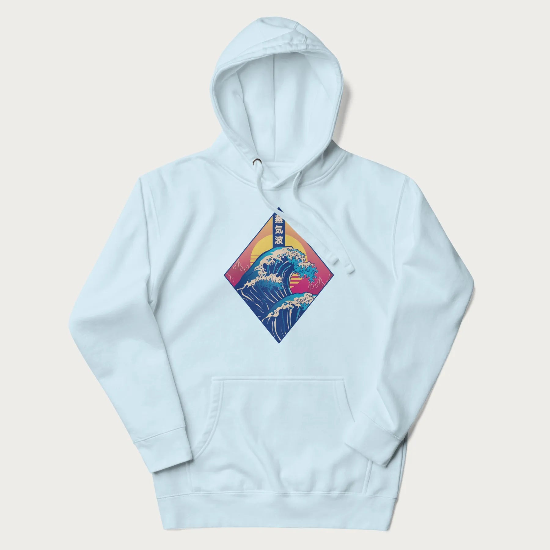 Light blue hoodie with Japanese 'Great Wave' graphic print in vaporwave style, rendered in bright, psychedelic colors in diamond-shaped layout.