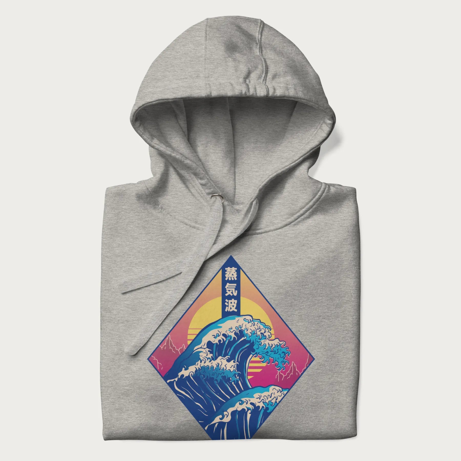 Folded light grey hoodie with Japanese 'Great Wave' graphic print in vaporwave style, rendered in bright, psychedelic colors in diamond-shaped layout.