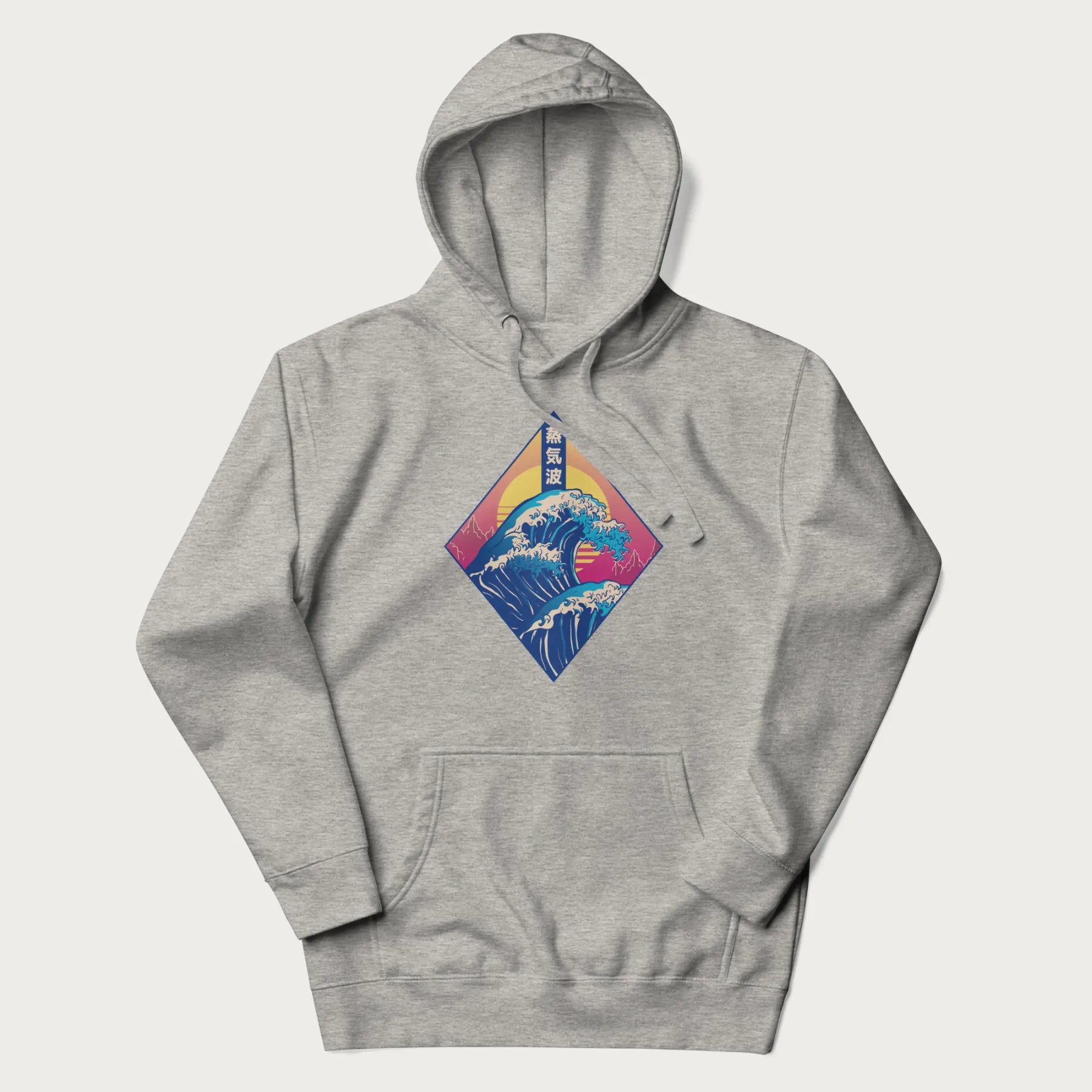 Light grey hoodie with Japanese 'Great Wave' graphic print in vaporwave style, rendered in bright, psychedelic colors in diamond-shaped layout.
