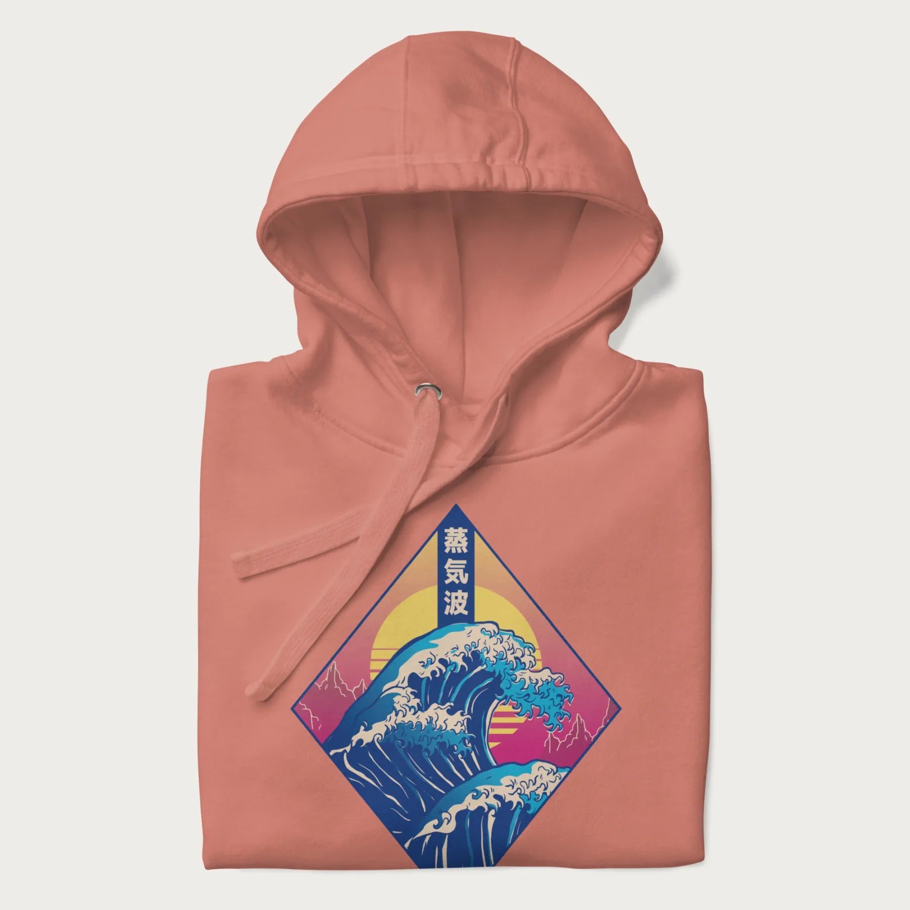 Folded light pink hoodie with Japanese 'Great Wave' graphic print in vaporwave style, rendered in bright, psychedelic colors in diamond-shaped layout.
