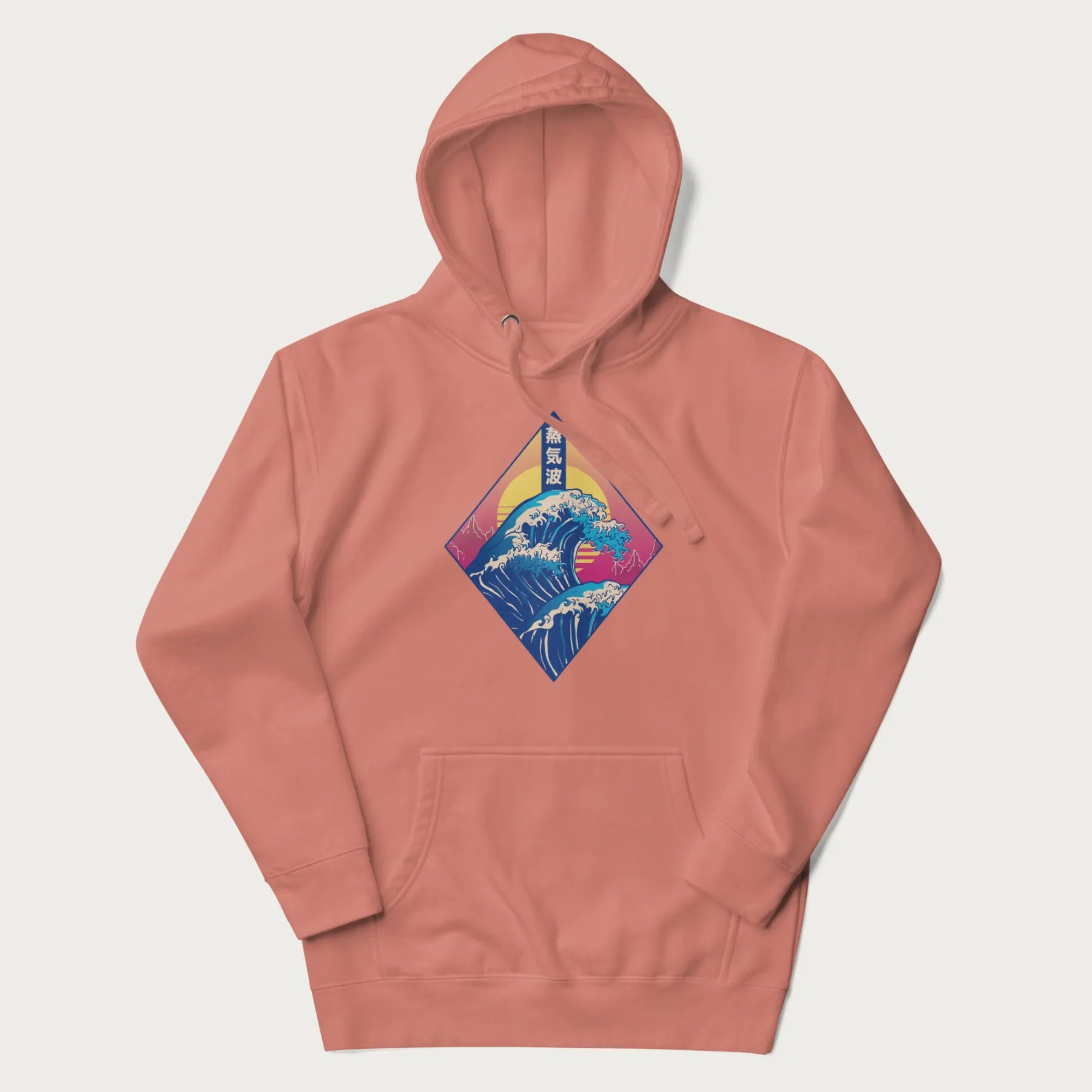 Light pink hoodie with Japanese 'Great Wave' graphic print in vaporwave style, rendered in bright, psychedelic colors in diamond-shaped layout.