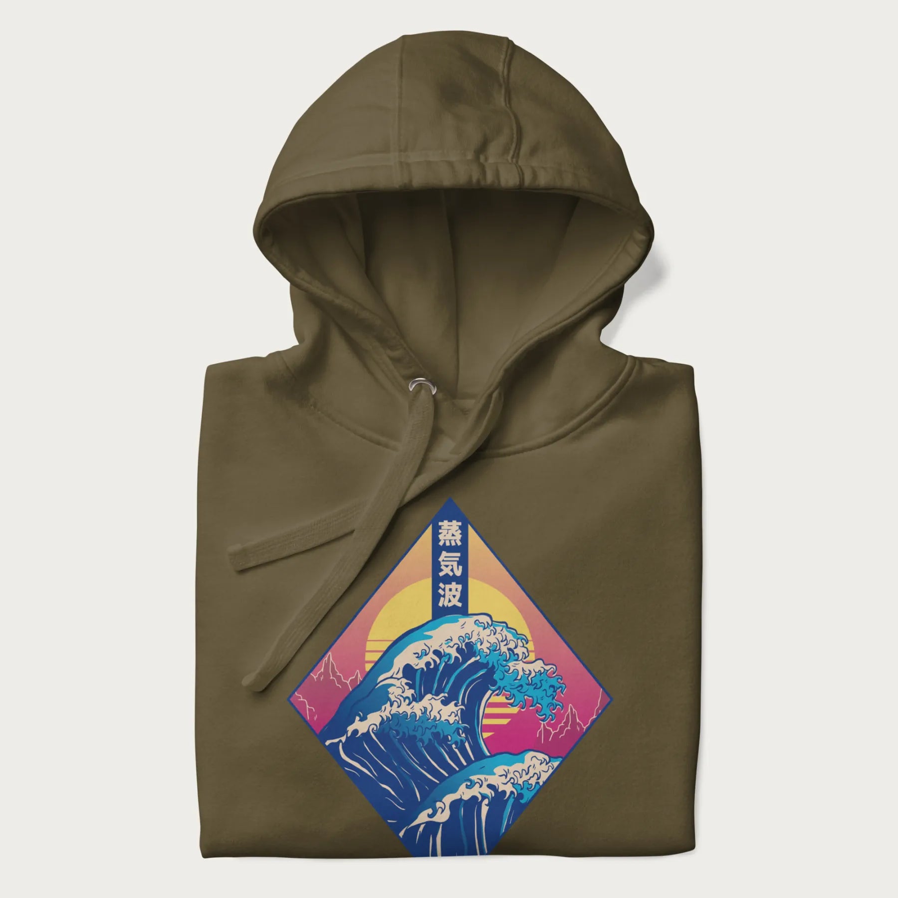 Folded military green hoodie with Japanese 'Great Wave' graphic print in vaporwave style, rendered in bright, psychedelic colors in diamond-shaped layout.