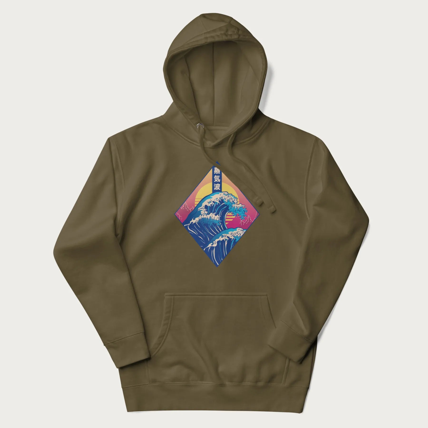 Military green hoodie with Japanese 'Great Wave' graphic print in vaporwave style, rendered in bright, psychedelic colors in diamond-shaped layout.