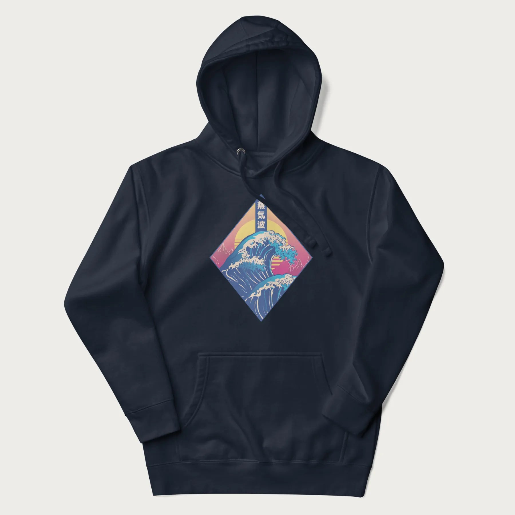 Navy blue hoodie with Japanese 'Great Wave' graphic print in vaporwave style, rendered in bright, psychedelic colors in diamond-shaped layout.