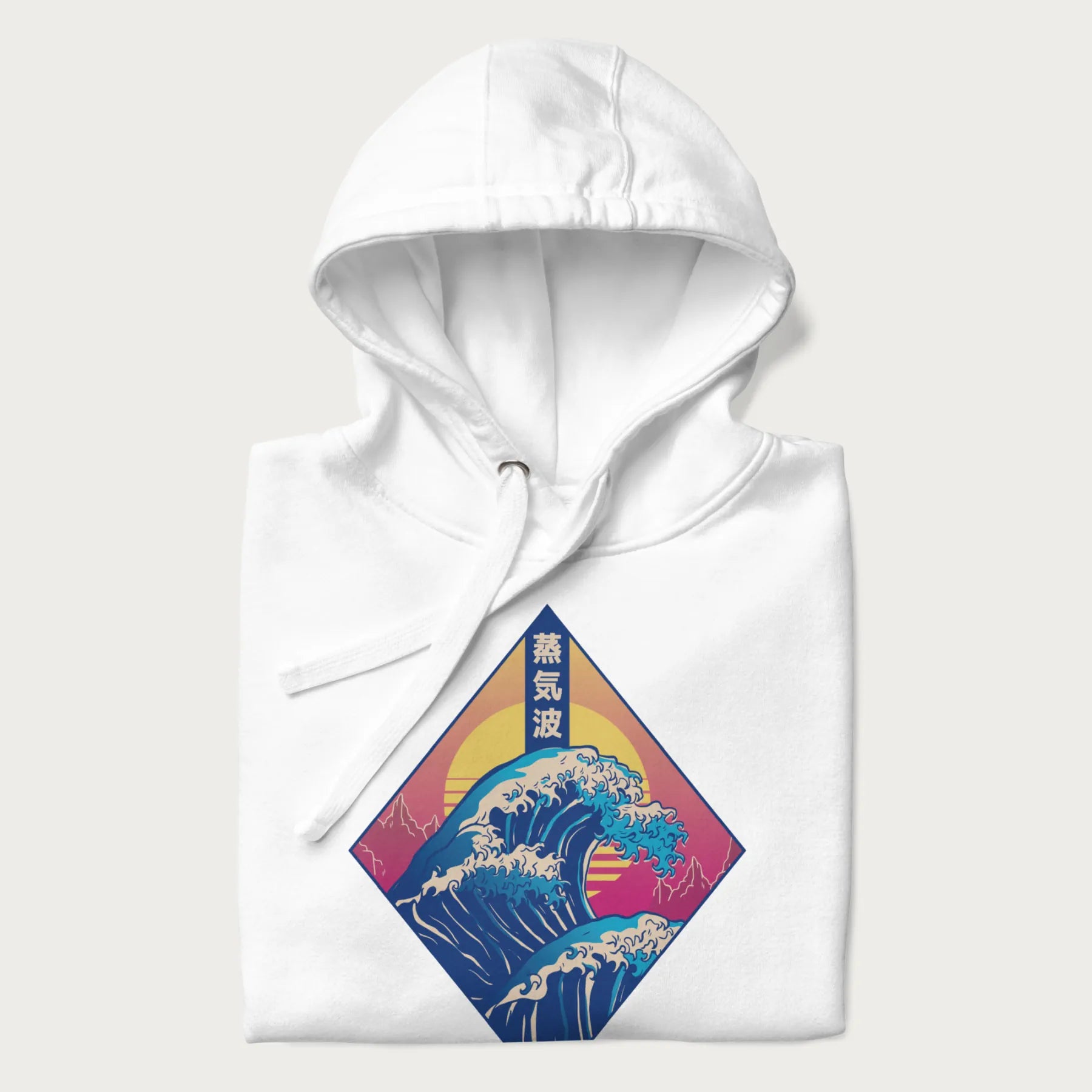 Folded white hoodie with Japanese 'Great Wave' graphic print in vaporwave style, rendered in bright, psychedelic colors in diamond-shaped layout.