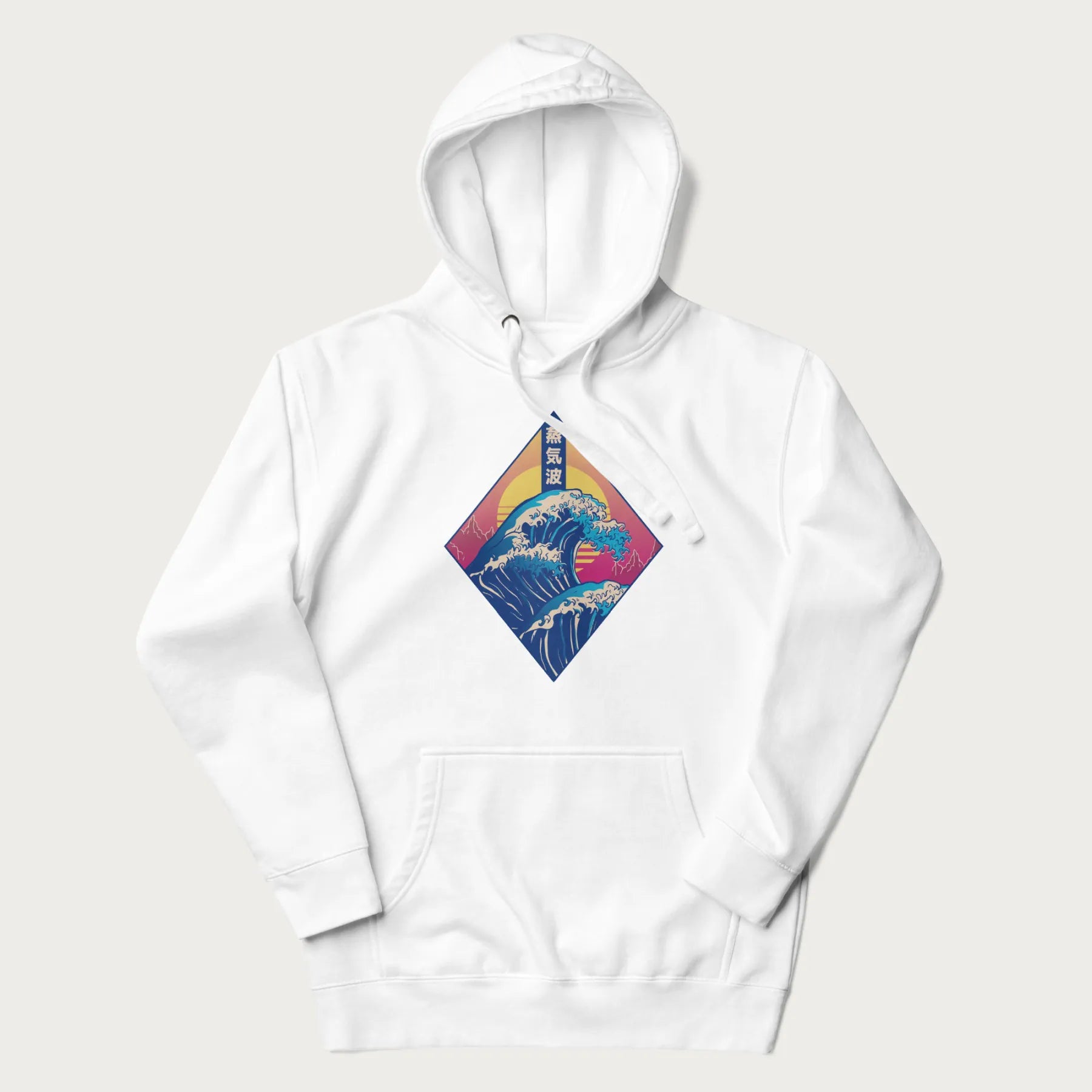 White hoodie with Japanese 'Great Wave' graphic print in vaporwave style, rendered in bright, psychedelic colors in diamond-shaped layout.