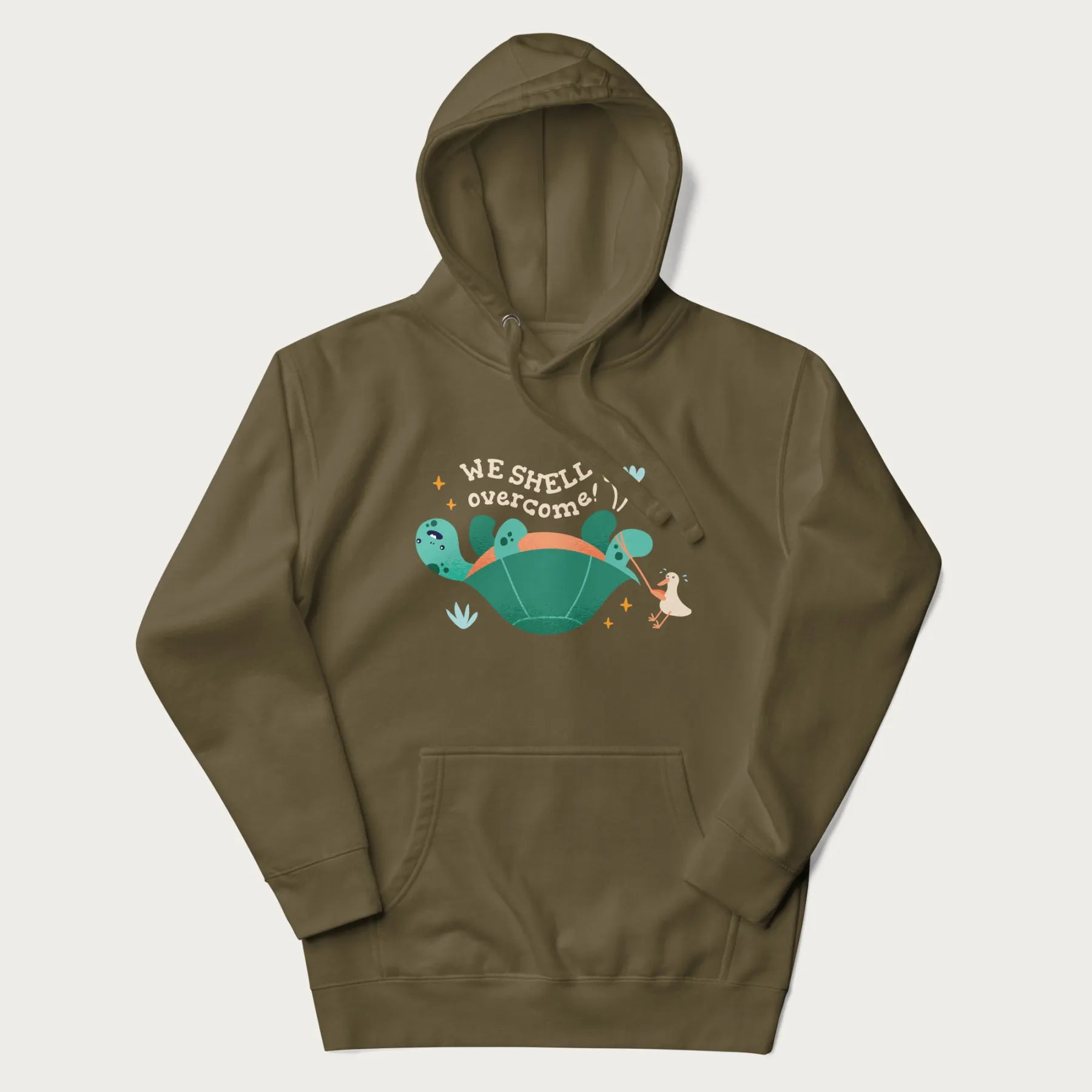 Military green hoodie with graphic of a turtle and a duck with the text 'We Shell Overcome'.