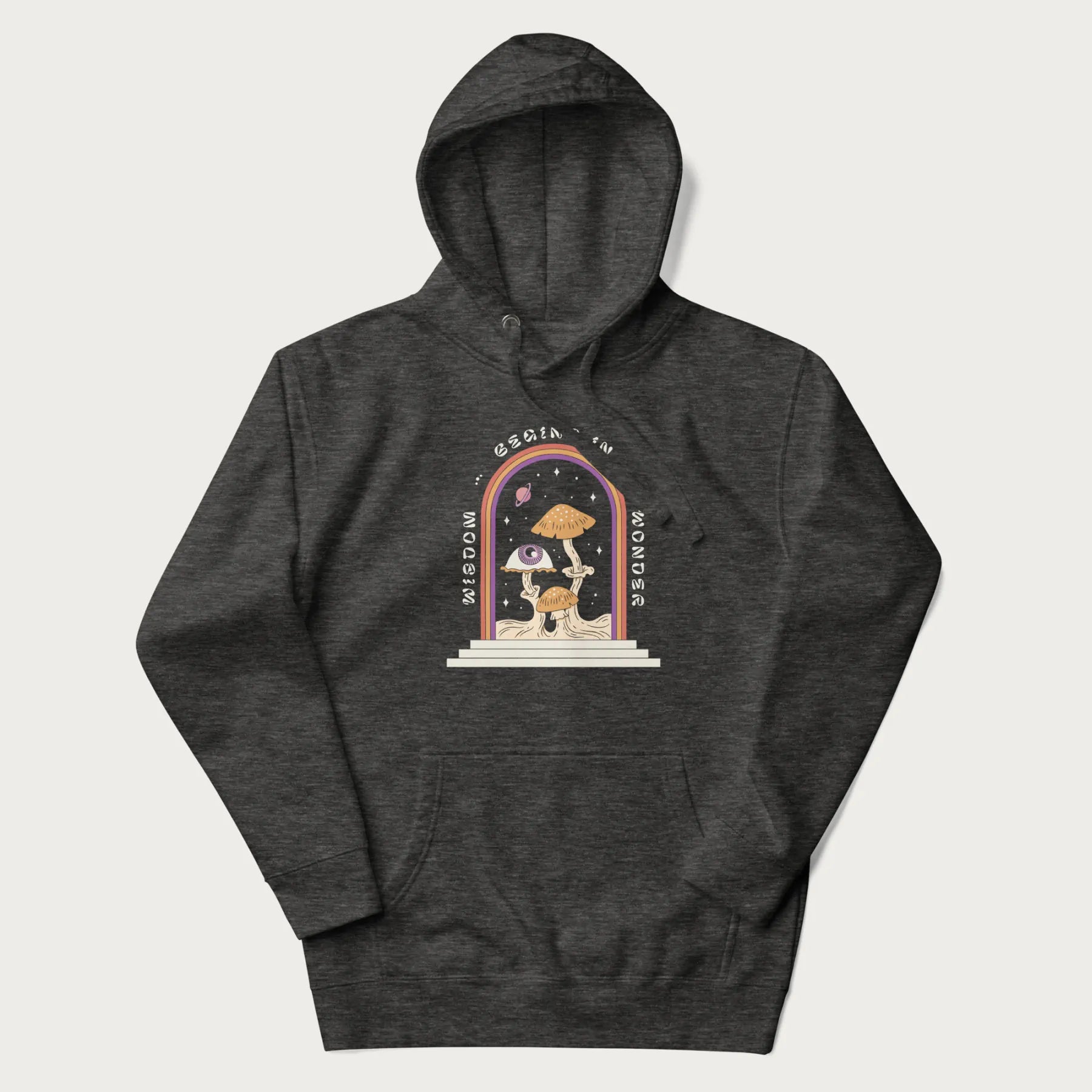 Dark grey hoodie with graphic of mystical mushrooms with an all-seeing eye and the text 'Wisdom Begins in Wonder' framed by a rainbow arch.