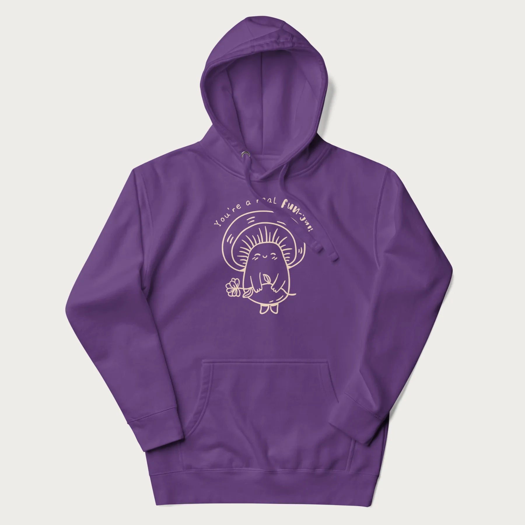 Purple hoodie with graphic of a cute mushroom holding a flower and the text "You're a Real Fun-gal!"